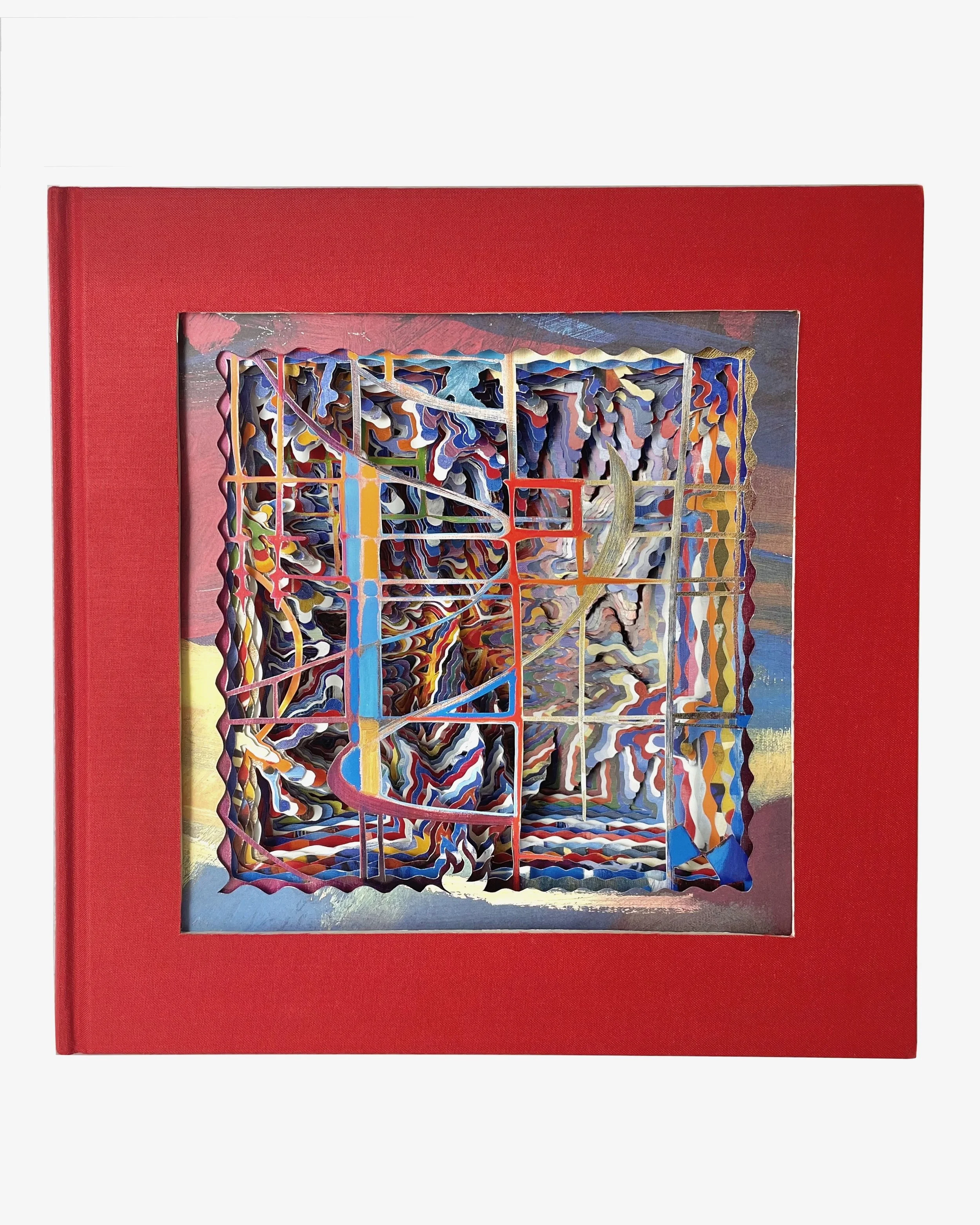 Abstract book sculpture, hand-cut altered book with geometric and organic forms, vibrant red hardcover, book excavation art by contemporary artist.