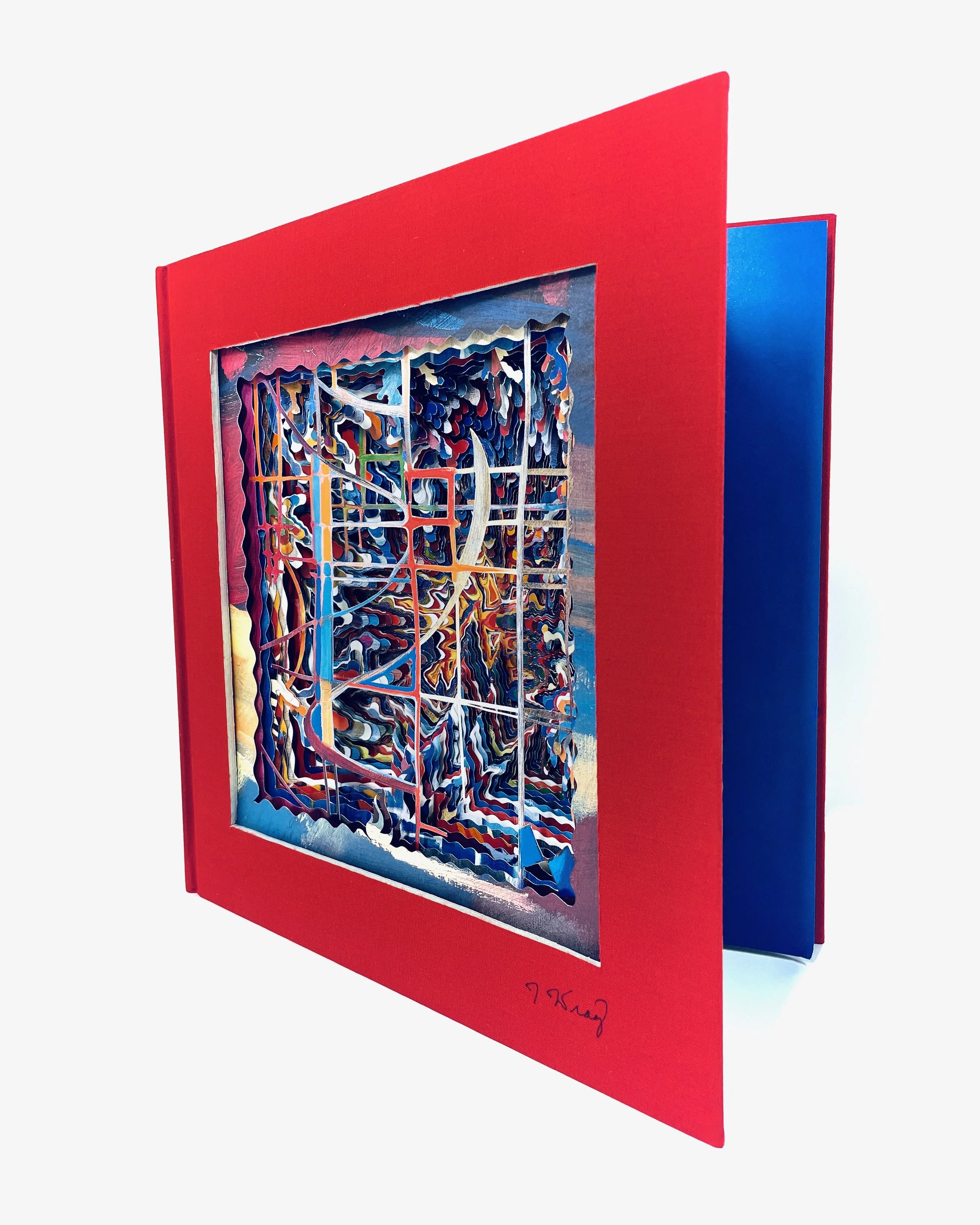 Altered book art, vibrant abstract book sculpture featuring excavated layers and geometric cuts, contemporary 3D artwork, Simon Bull tribute, collectible sculpture.