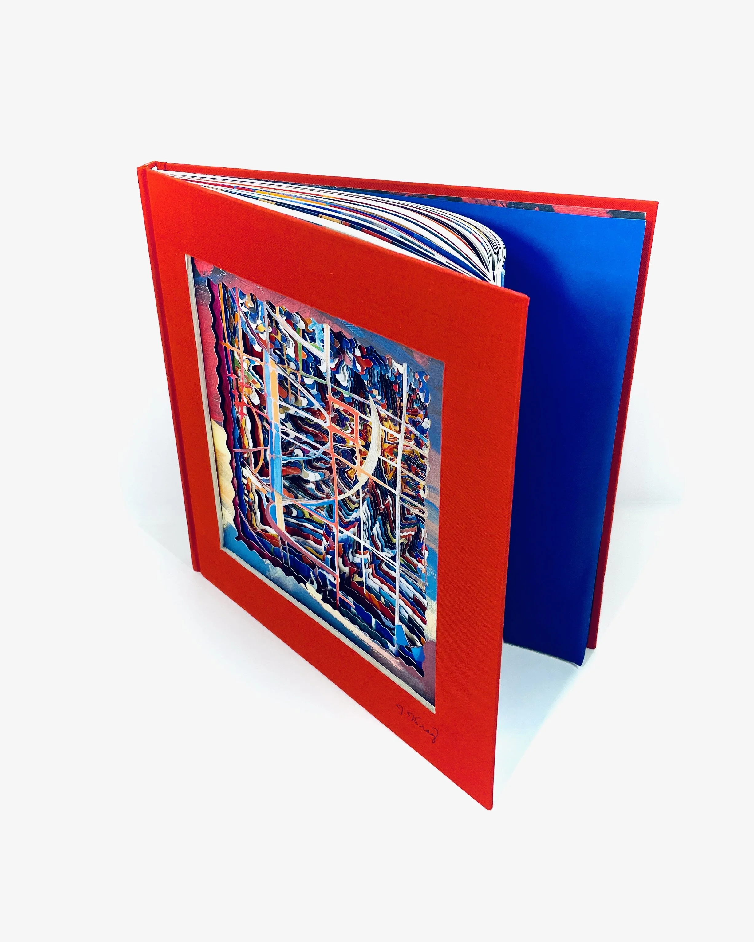 Innovative abstract book sculpture, colorful hand-cut altered book, geometric and organic layers, book excavation process, contemporary art for collectors.