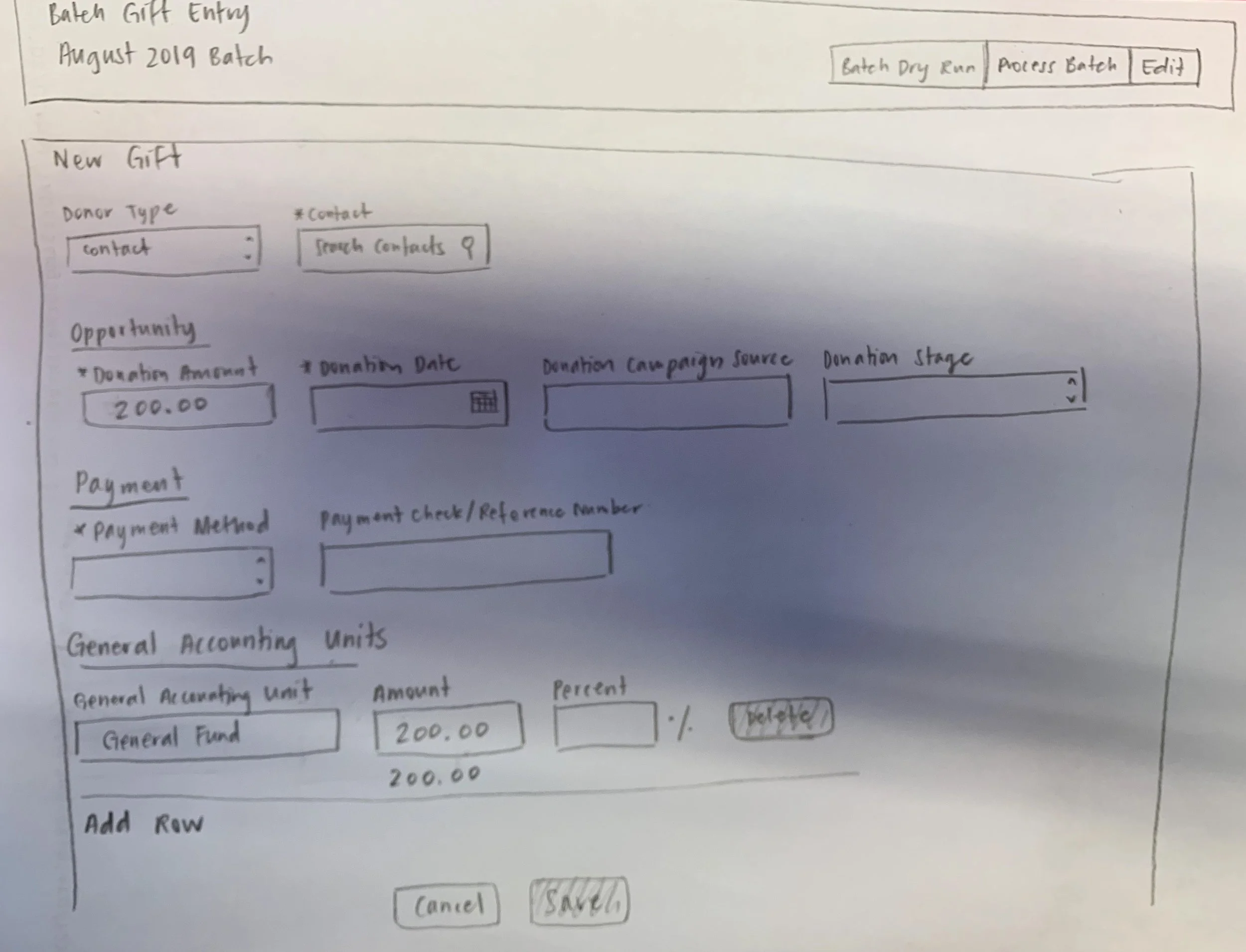Sketch of gift entry form