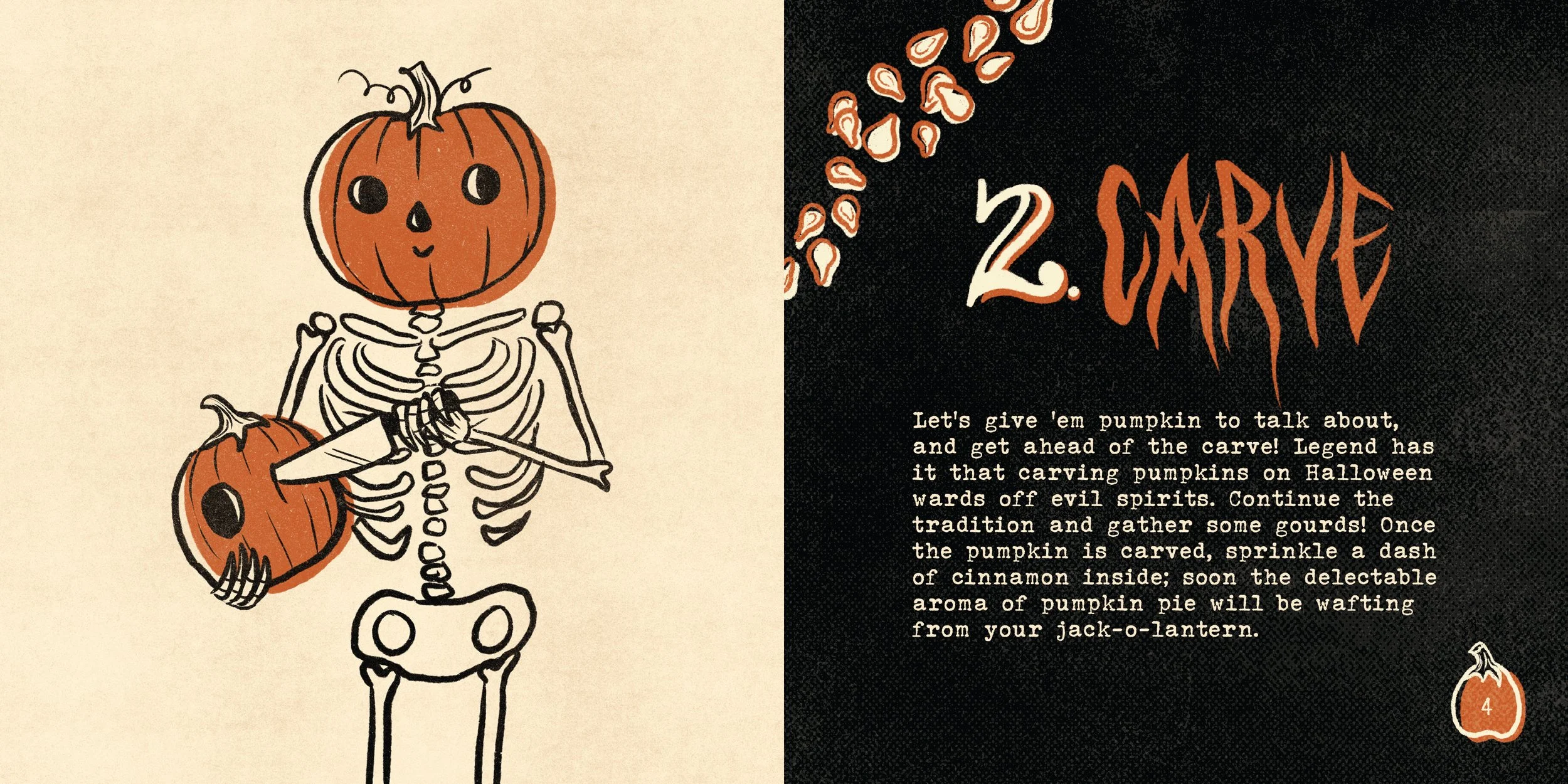 the left page shows the skeleton pumpkin character carving a pumpkin with a knife, and the right page details the steps to carving a jack-o-lantern.