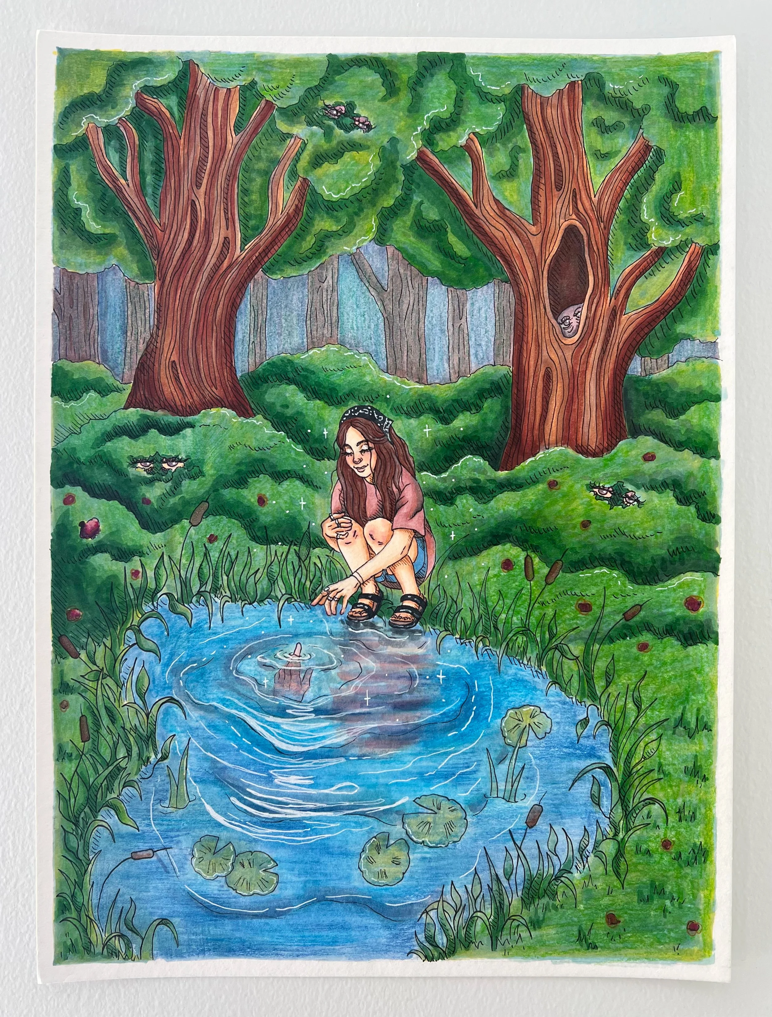 illustration inspired by the song "hypnotized" by Fleetwood Mac, the scene is of a girl with brown hair crouching down by a pond in a thick forest. she reaches towards a supernatural hand that extends out of the pond beneath her