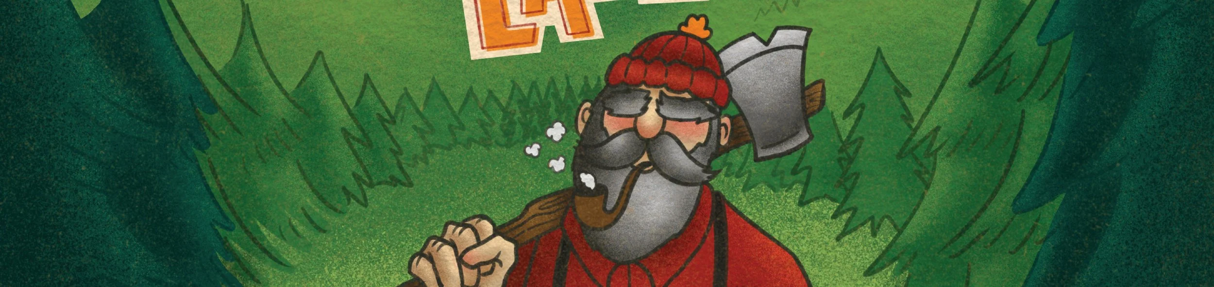 zoomed in header image for logger lager, detail showing a burly logger wearing a red shirt and hat, with a bushy beard, mustache, and eyebrows, holding an axe