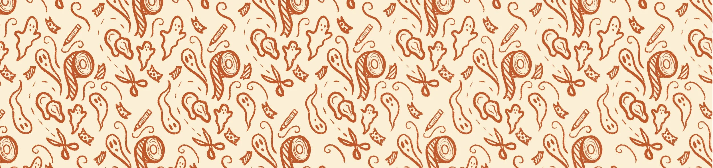 orange and white pattern of elements from the book, including scissors, tape, pumpkin seeds, ghosts, and pencils