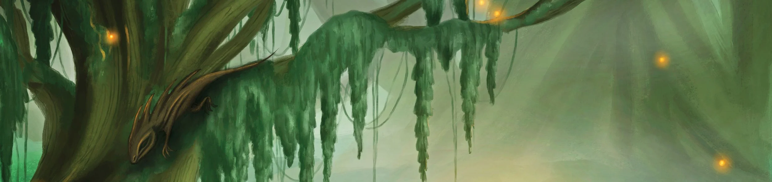 zoomed in header image of the illustration, showing a detail of a mossy tree branch with a lizard-like creature climbing on it