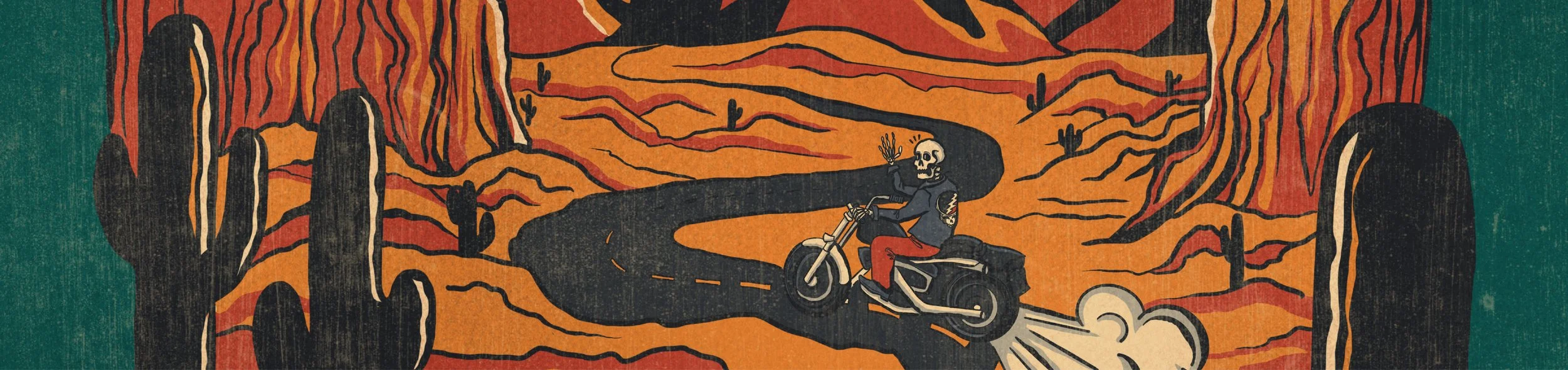 zoomed in header image of album cover, detail of skeleton riding into the desert on a motorcycle