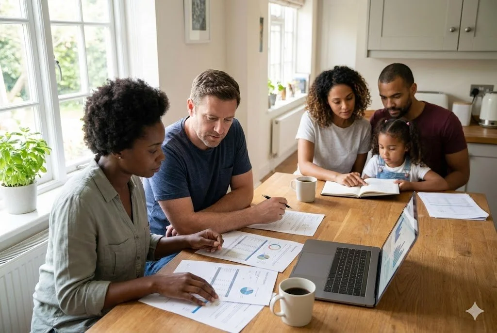 Family reviewing finances and budgeting together as part of a credit building and homeownership planning process