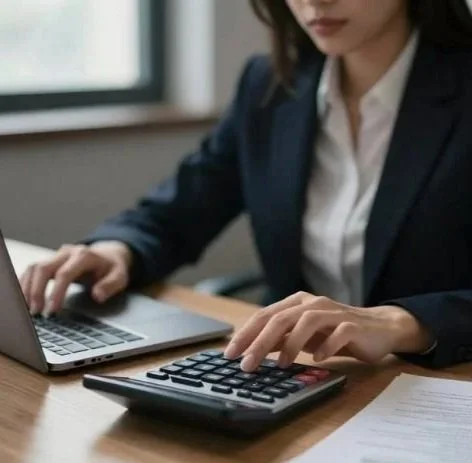 A woman in business attire using a calculator and working on a laptop at a desk.