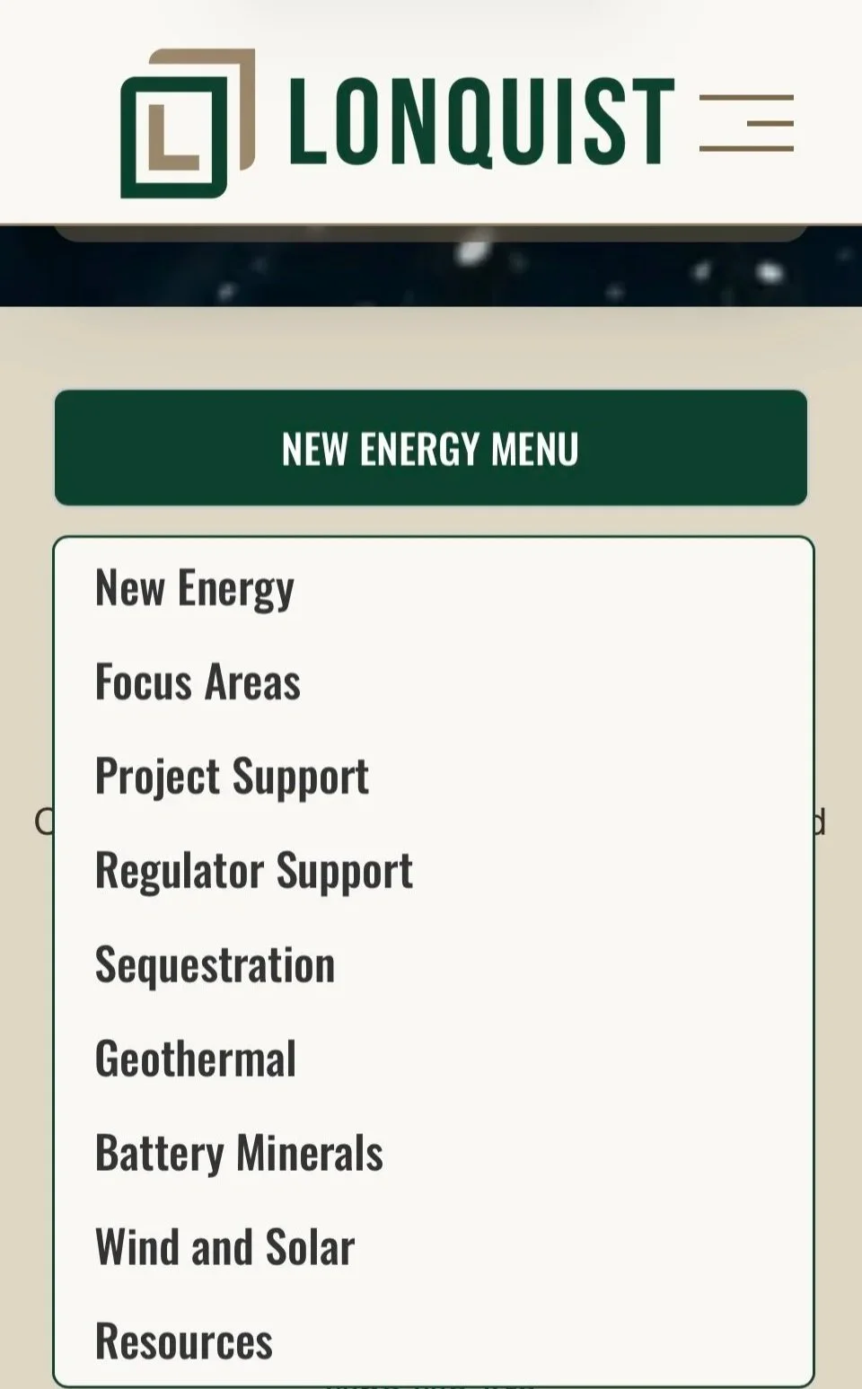 Screenshot of the 'Lonquist' website menu, featuring sections such as New Energy, Focus Areas, Project Support, Regulator Support, Sequestration, Geothermal, Battery Minerals, Wind and Solar, and Resources.