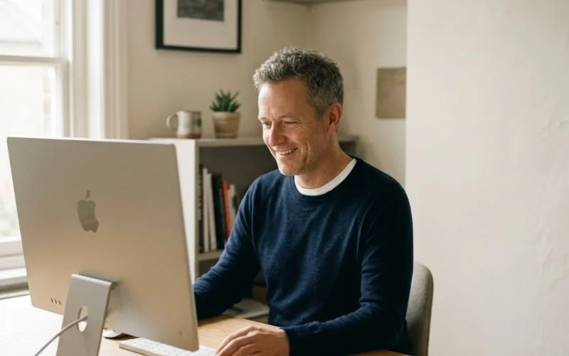 casual home business office, man smiling at mac desktop