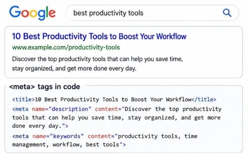 google screen capture demonstrating meta tag for 10 productivity tools