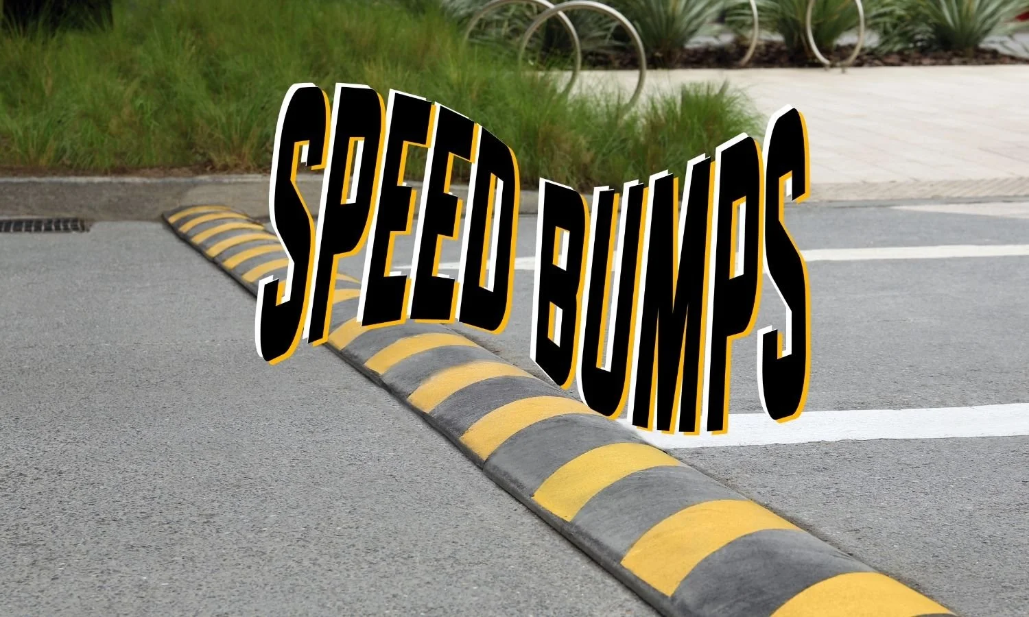 photo of speed bump on highway. "SPEED BUMPS" in curvy line in center of image.