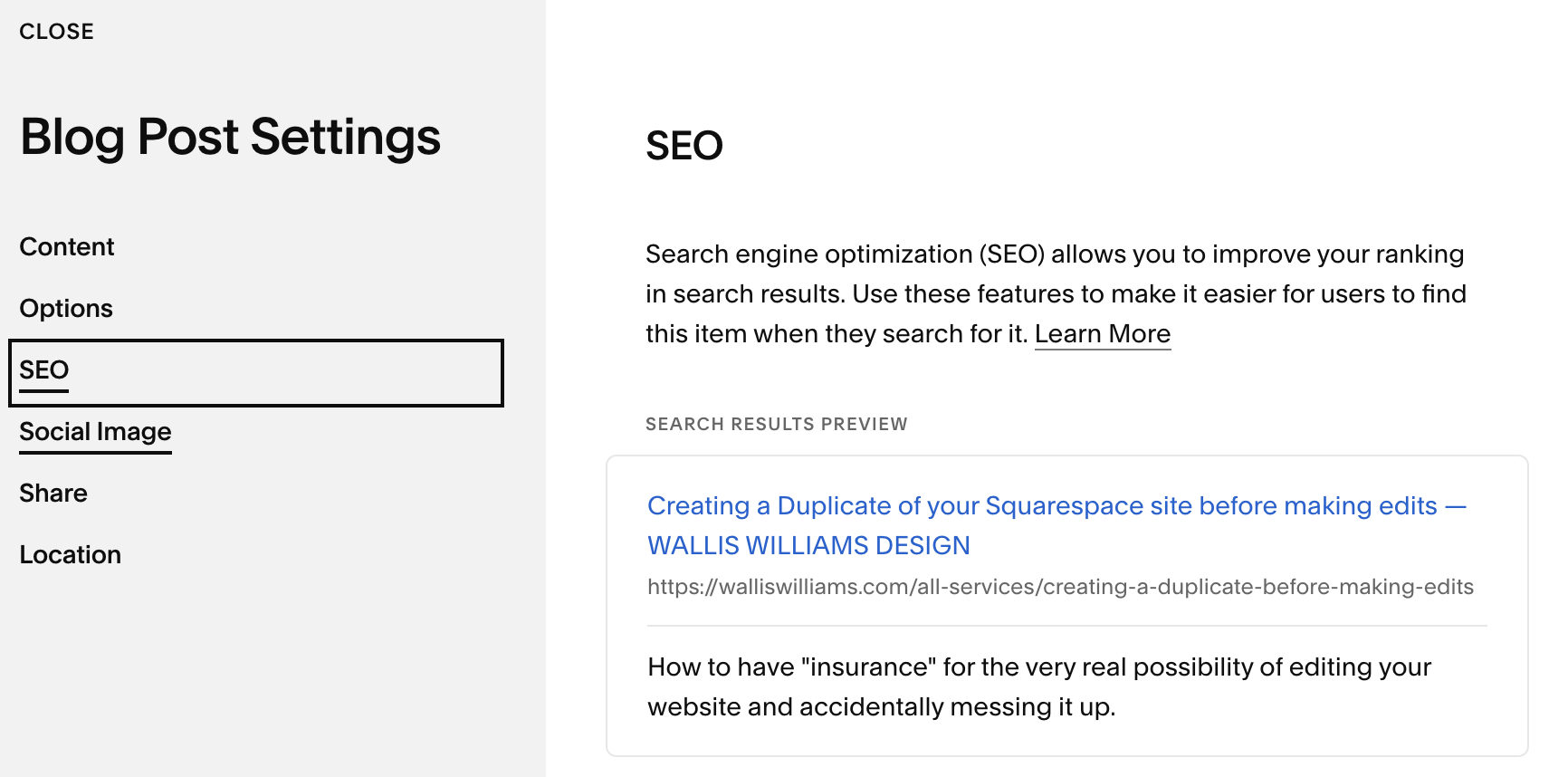 screen capture of where to find the SEO setting in a blog post