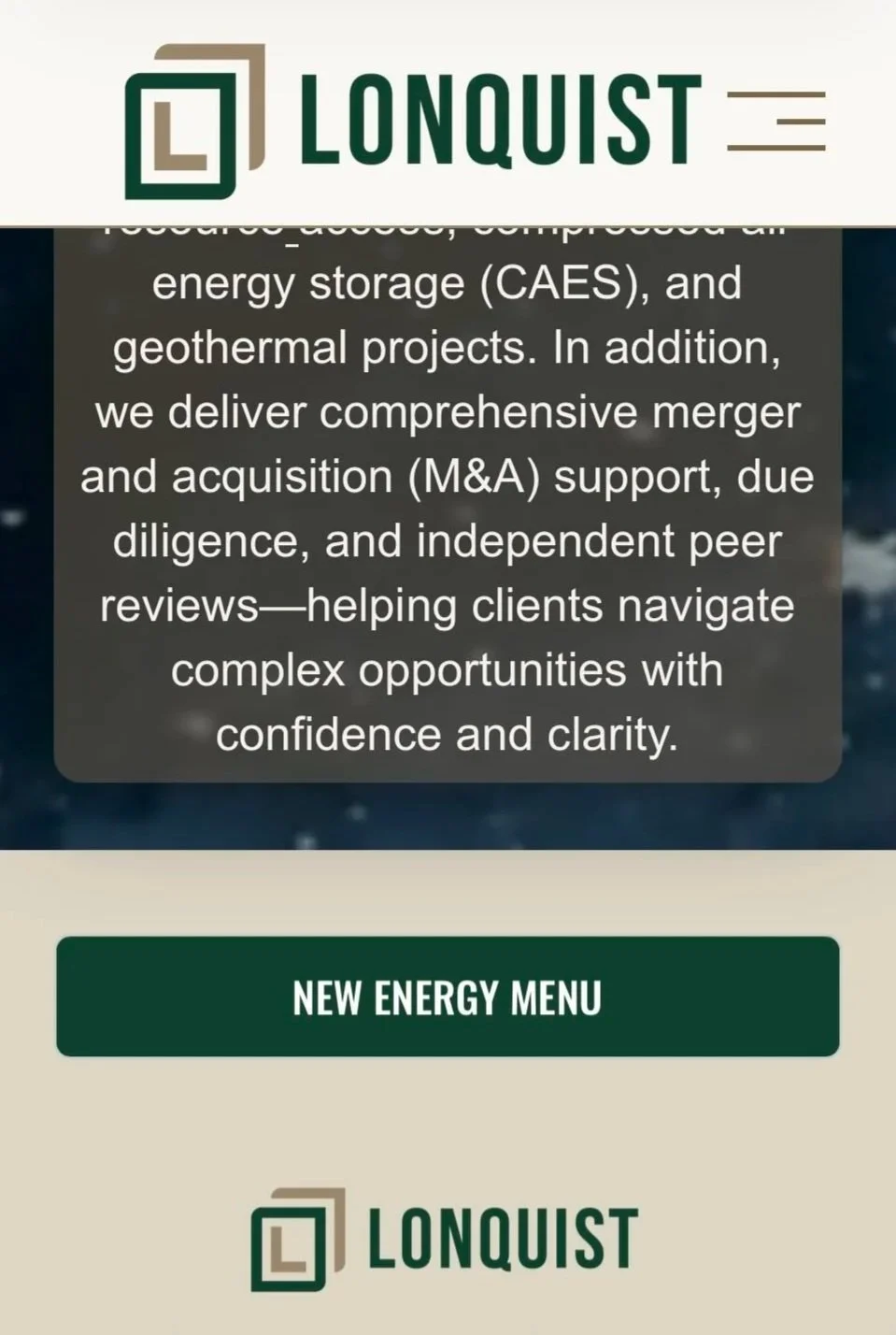 LONQUIST logo at top, background with text about energy storage, mergers, acquisitions, and peer reviews, green button labeled 'NEW ENERGY MENU', and LONQUIST logo at bottom.