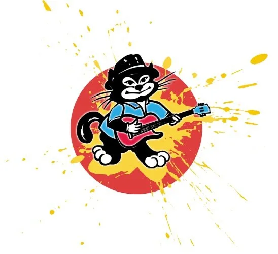 A cartoon cat wearing a black hat and blue shirt playing a red guitar against a red circle and yellow paint splatter background.