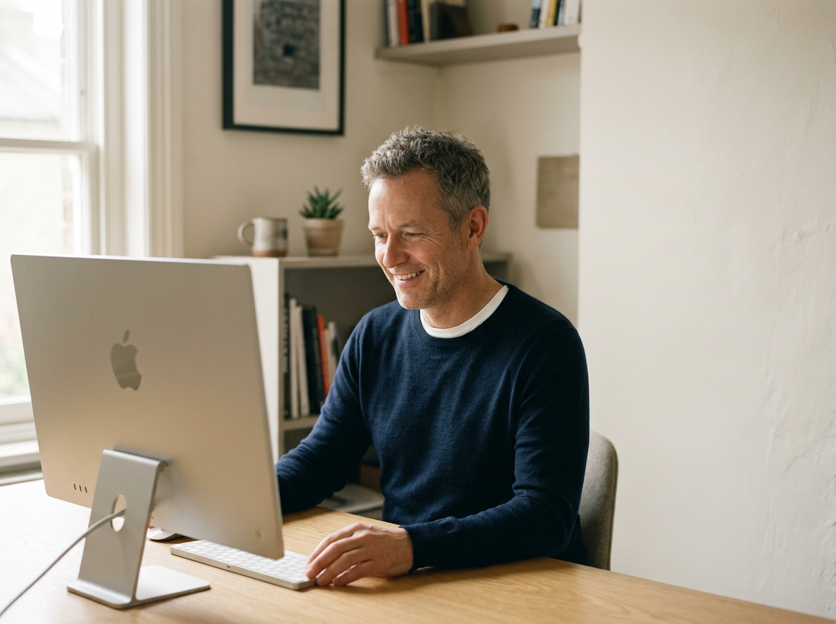 male smiling at computer screen in a casual office