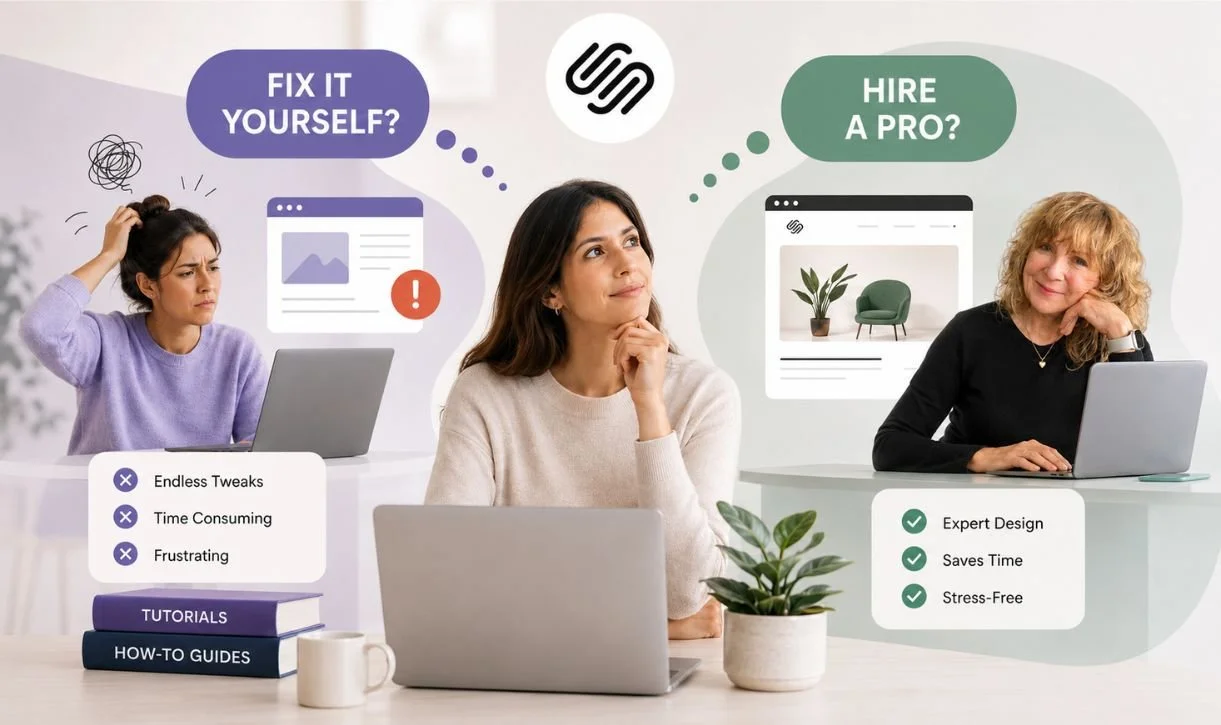 women in front of laptop debating between two options