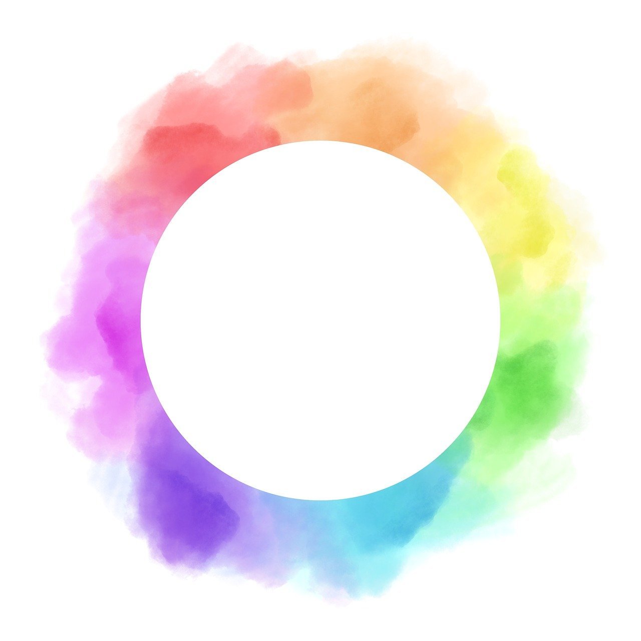 Kreis aus bunten Aquarellfarben mit weißen Zentrum.