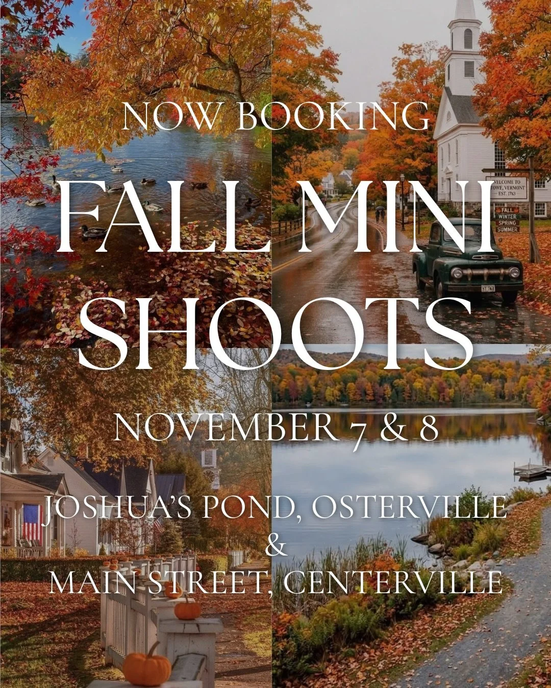 NOW BOOKING CAPE COD FALL MINI SESSIONS!

The fall colors on Cape Cod are too good not to document. So this year, I&rsquo;m opening up two limited days of fall mini sessions at two of my favorite Cape Cod locations.

📍 Joshua&rsquo;s Pond &mdash; No