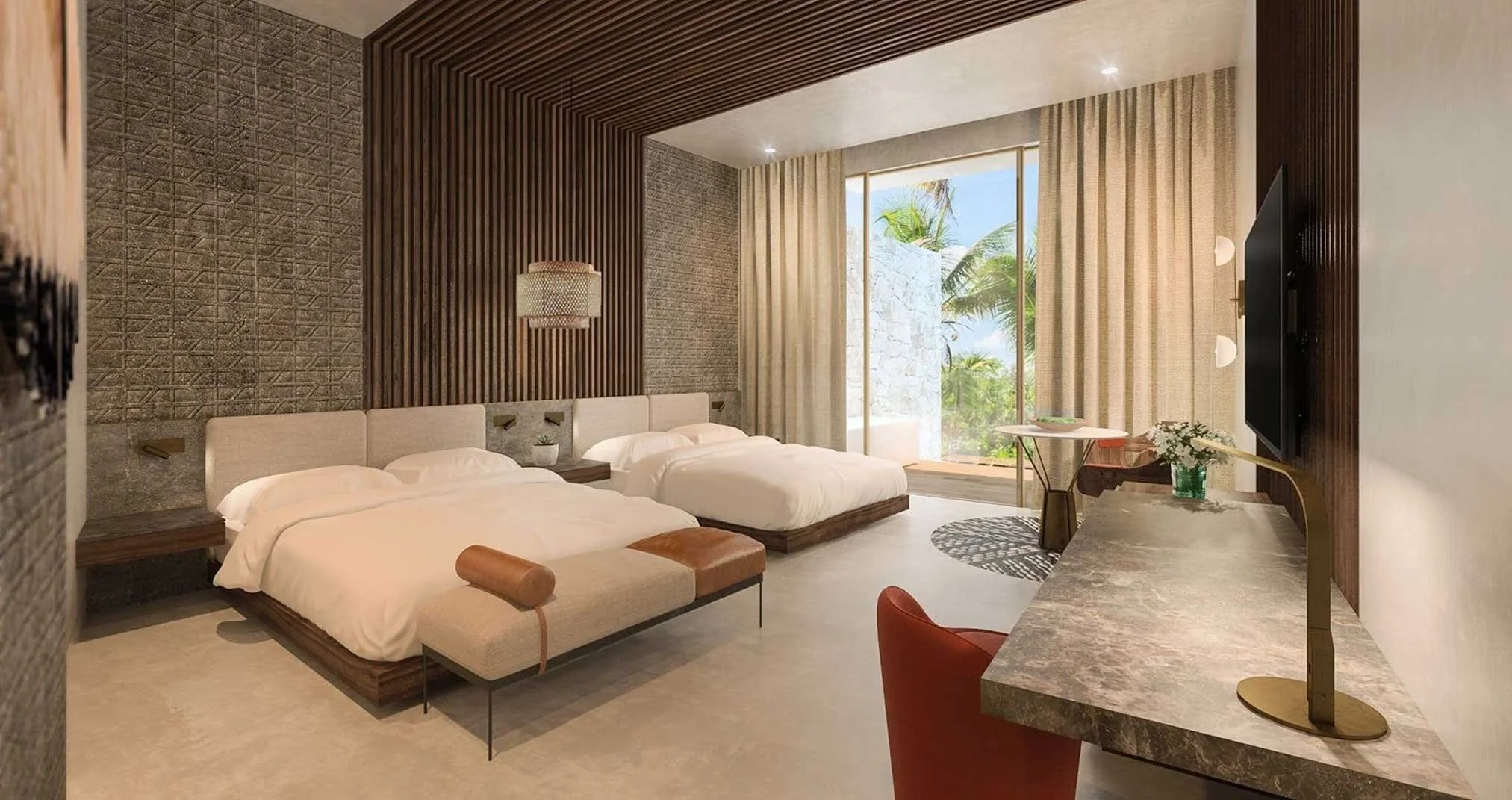 Modern hotel room with two beds, a sliding glass door leading to a balcony with palm trees outside, a desk with a lamp and flowers, and a wall-mounted TV.