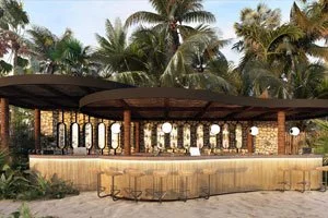 Outdoor bar with a wooden roof, illuminated hanging lights, palm trees in background, and chairs along the counter.