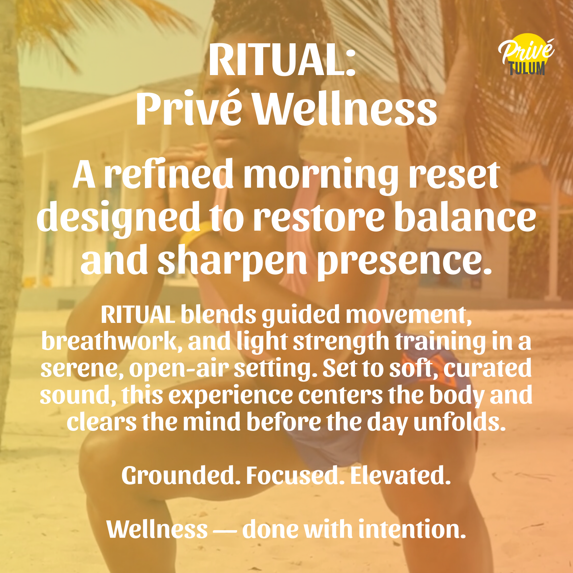 A person practicing yoga on a beach, with palm trees and a sunny sky in the background, overlaid with promotional text about wellness and rituals.