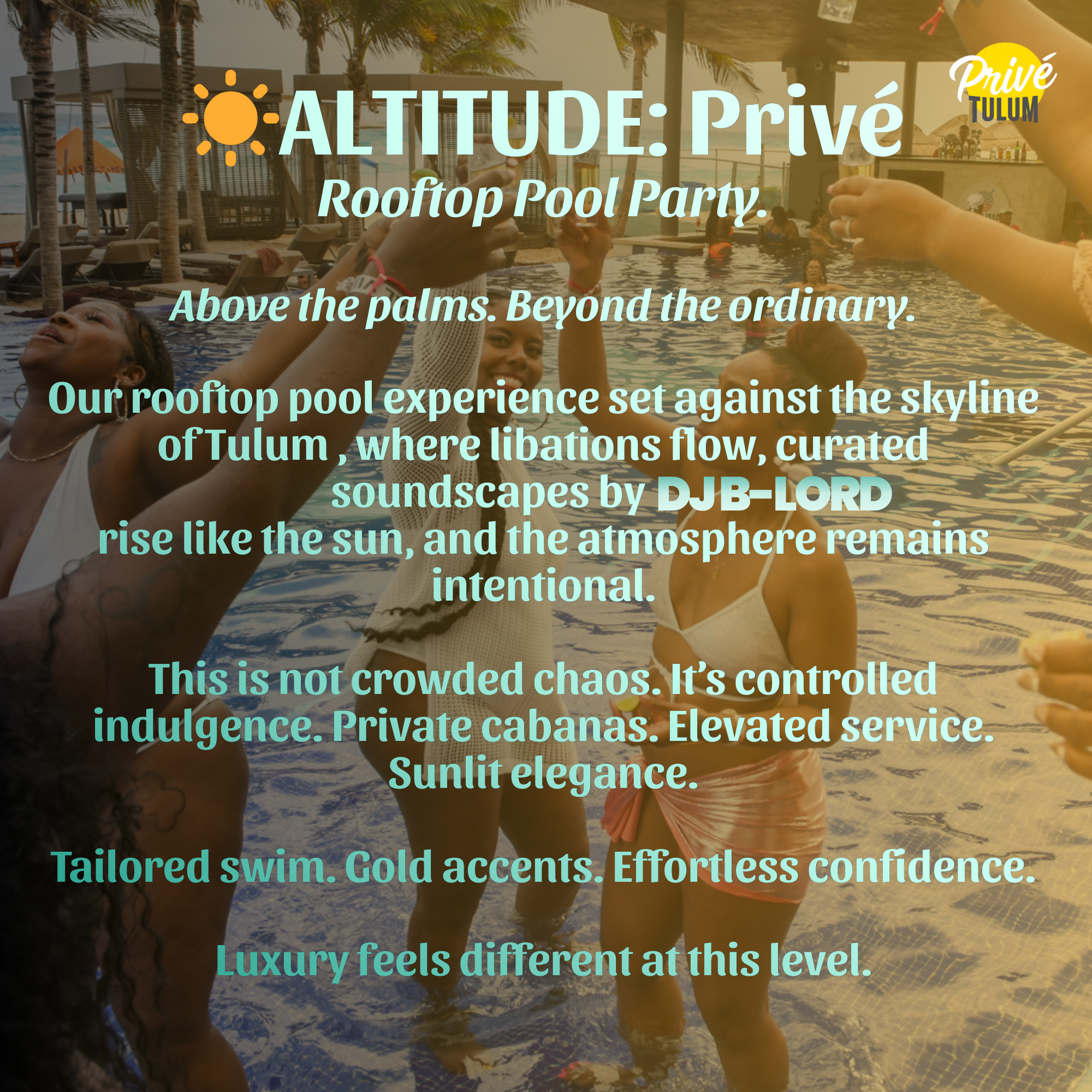 People enjoying a rooftop pool party during sunset, with some raising glasses in celebration.