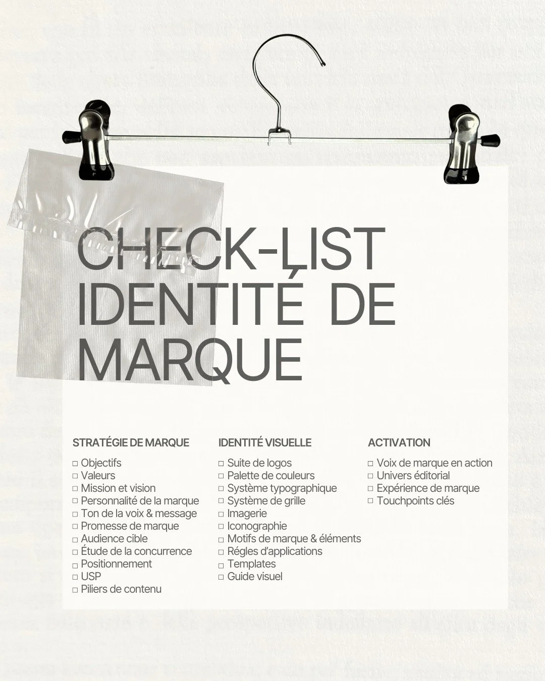 La raison pour laquelle votre branding ne tient pas dans le temps 
→ Il manque une structure complète.
Pas juste une palette.
Pas juste un logo.
Pas juste une mission “inspirante”.
Voici la check‑list complète que je