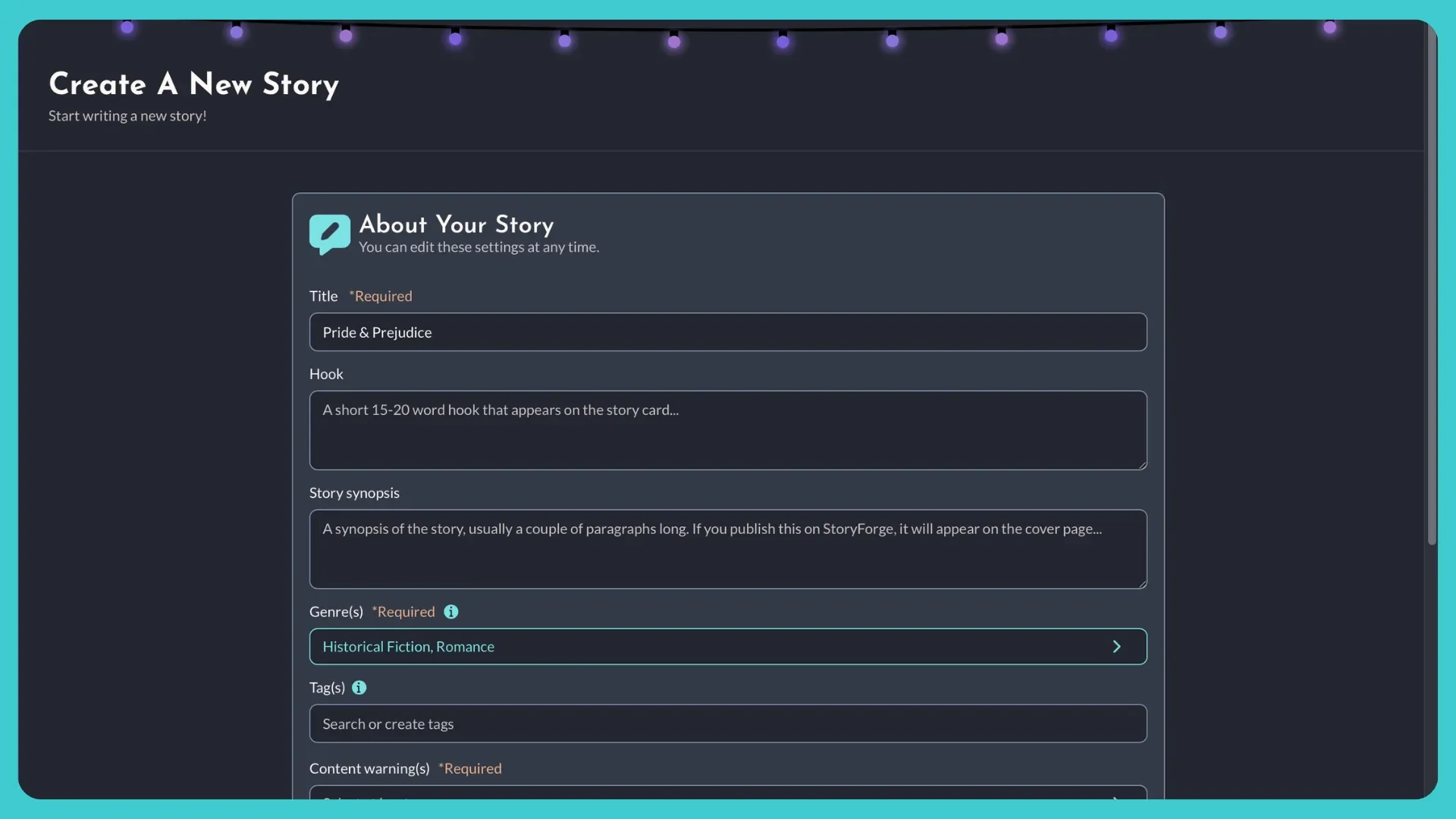 A screenshot what it looks like to create a new story on StoryForge.