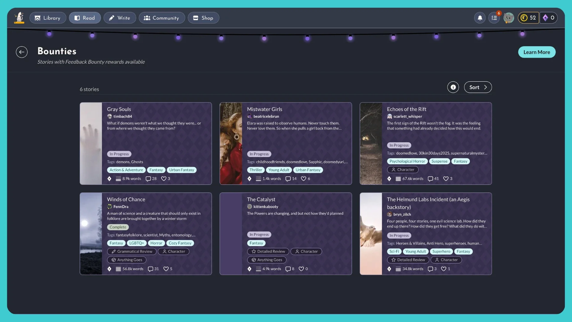 A screenshot of the StoryForge app showing several stories with Feedback Bounties.