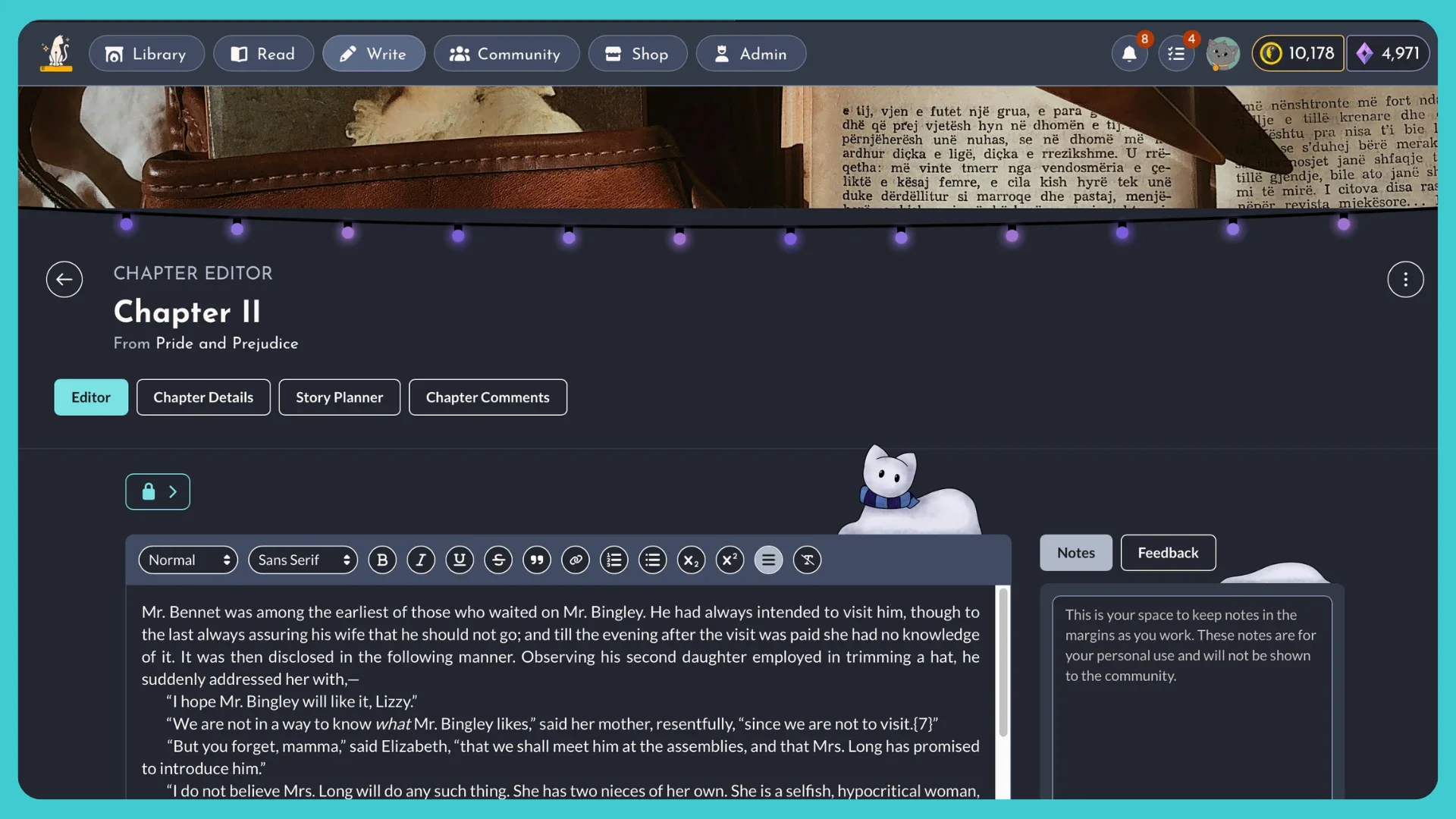 A screenshot of the StoryForge web app's text editor.