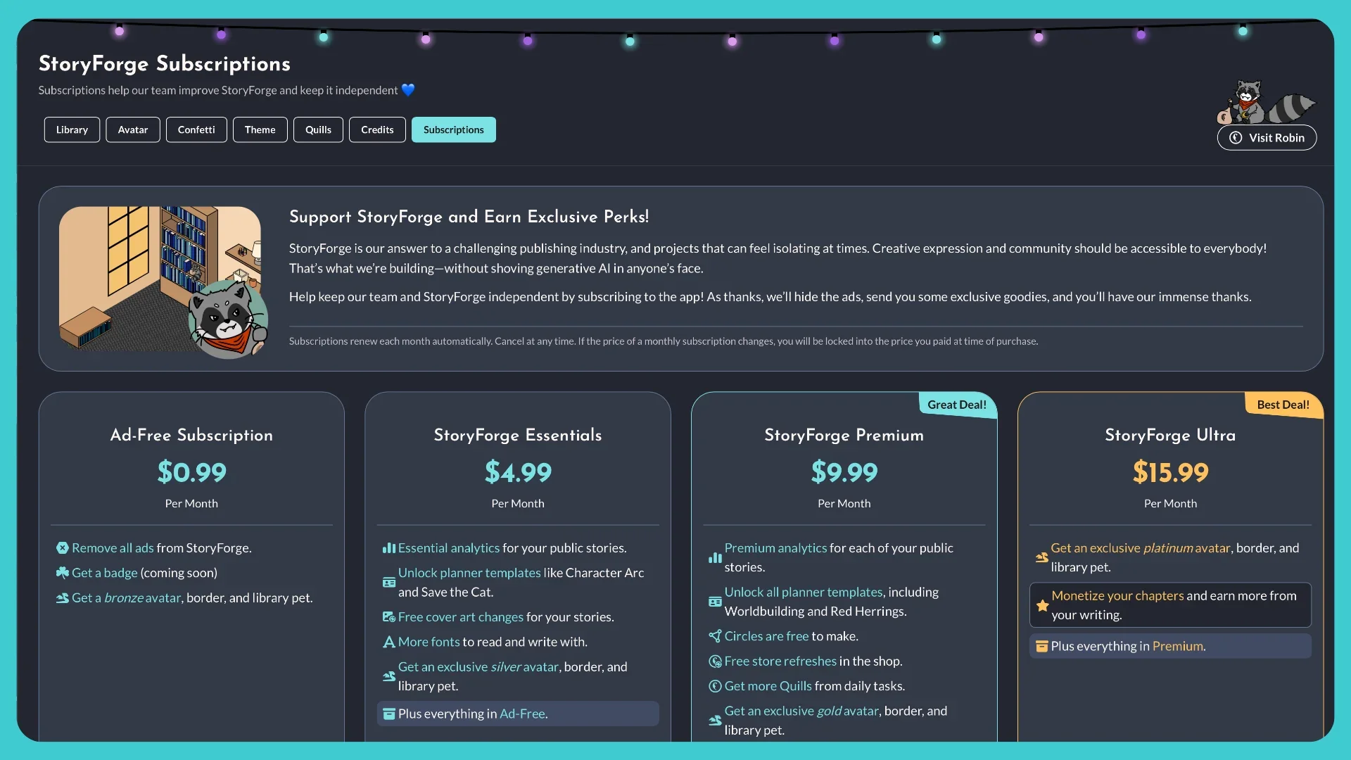 A screenshot of StoryForge's new subscription tiers, which start at $0.99/month.