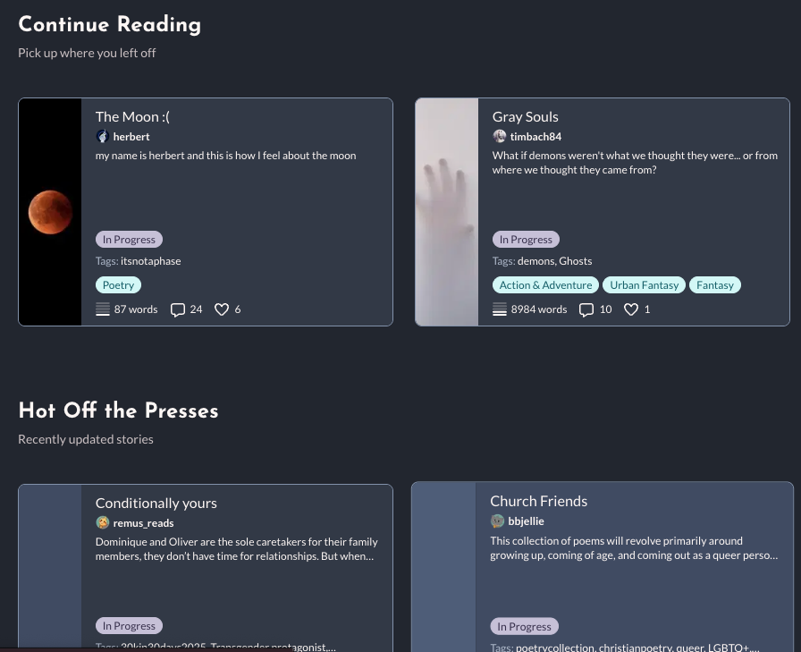 The continue reading and Hot off the presses sections