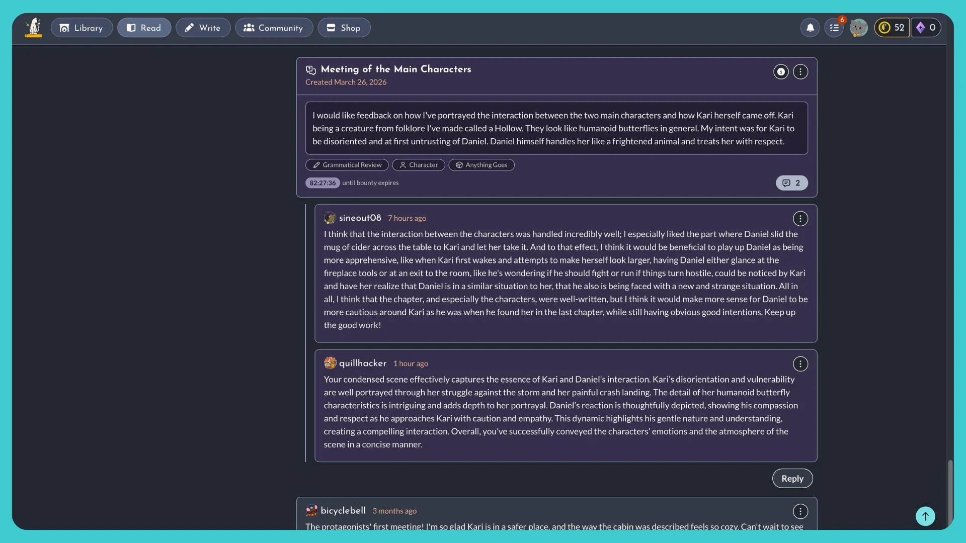 A screenshot of the StoryForge app showingreplied to a Bounty and other comments on a chapter.