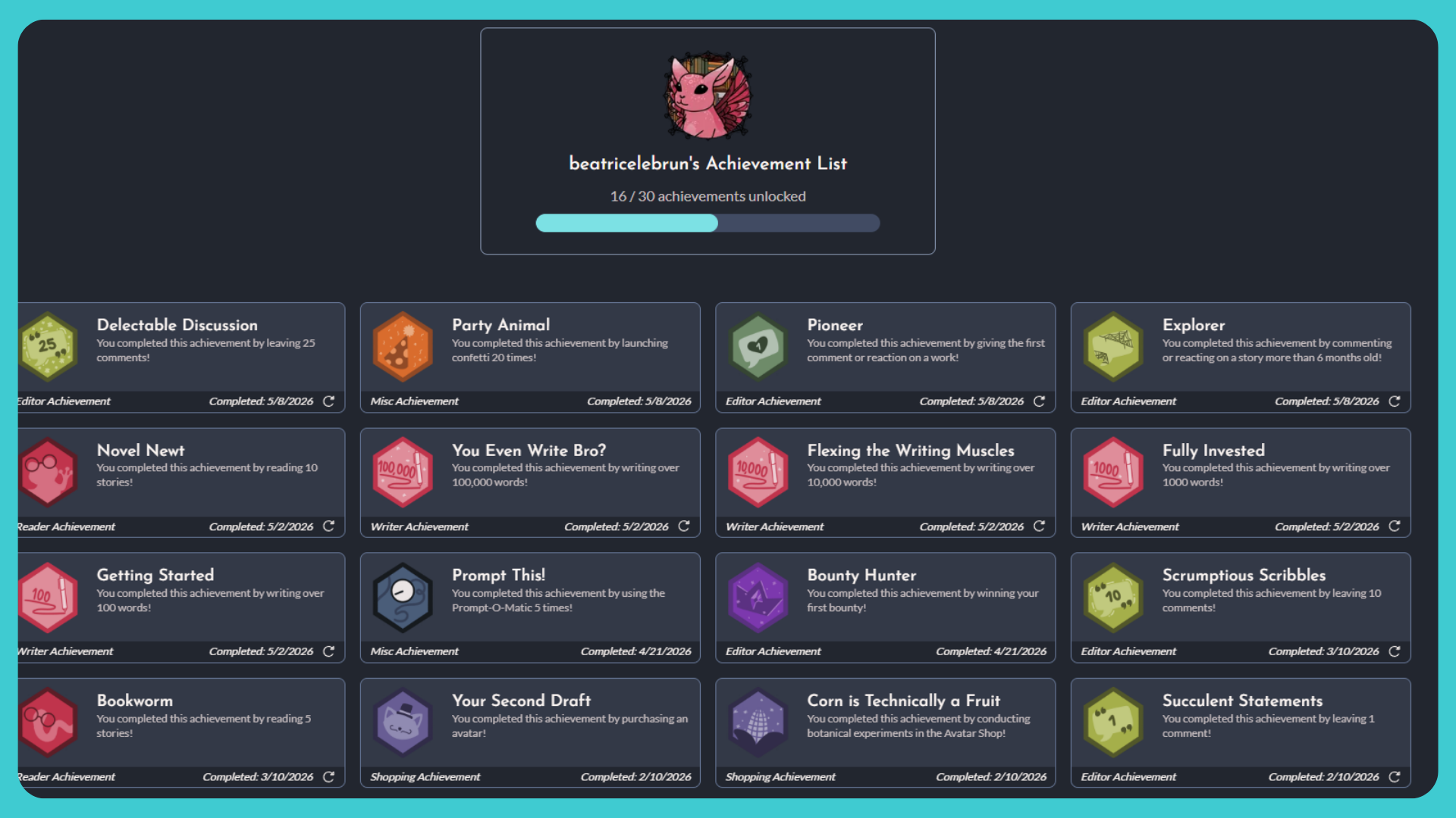 Screenshot of the achievements page, showing 16 out of 30 achievements unlocked