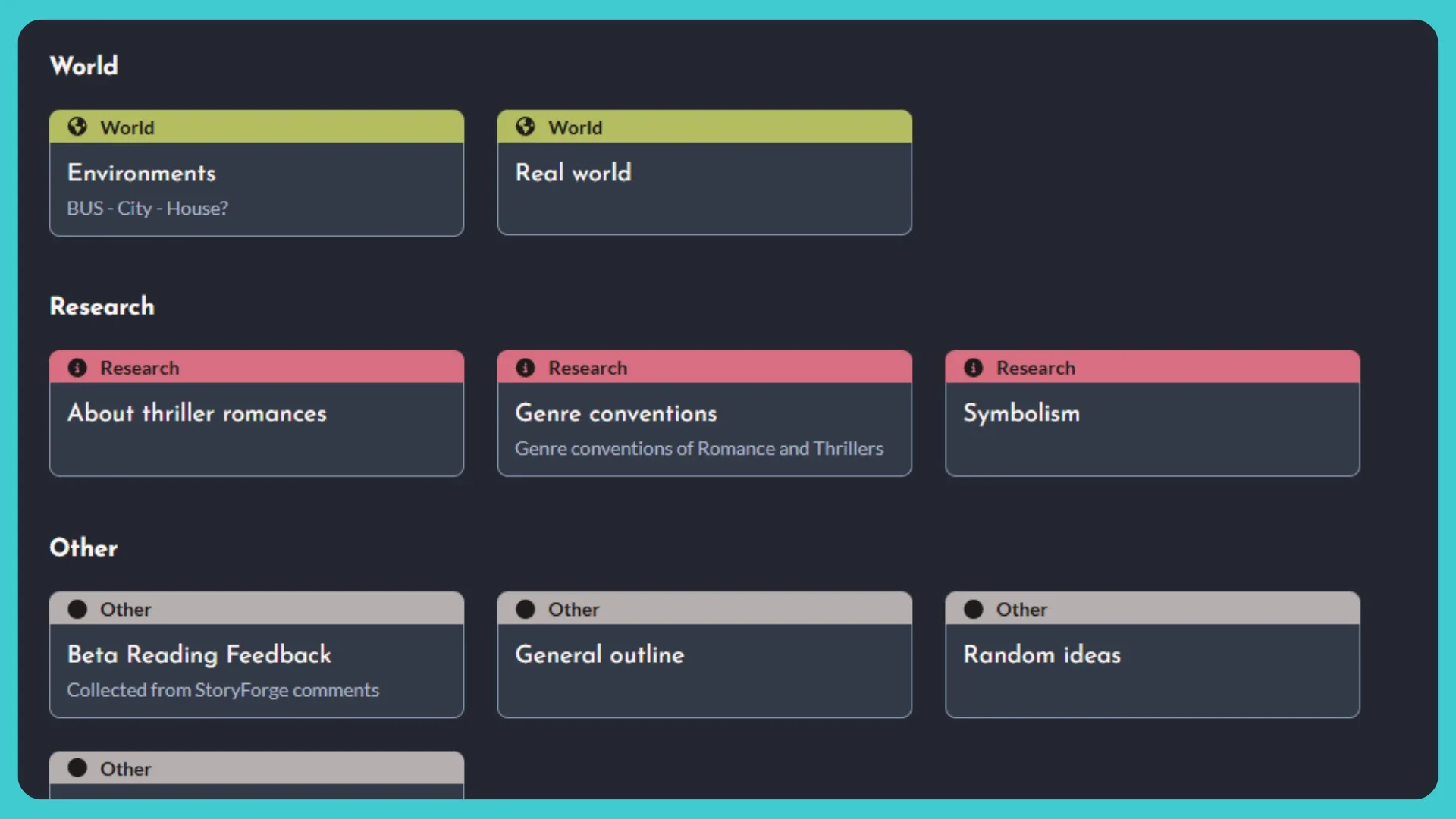 A screenshot of the StoryForge web app planner tools, showing an overview of several worldbuilding, research, and other plans for a story being written.