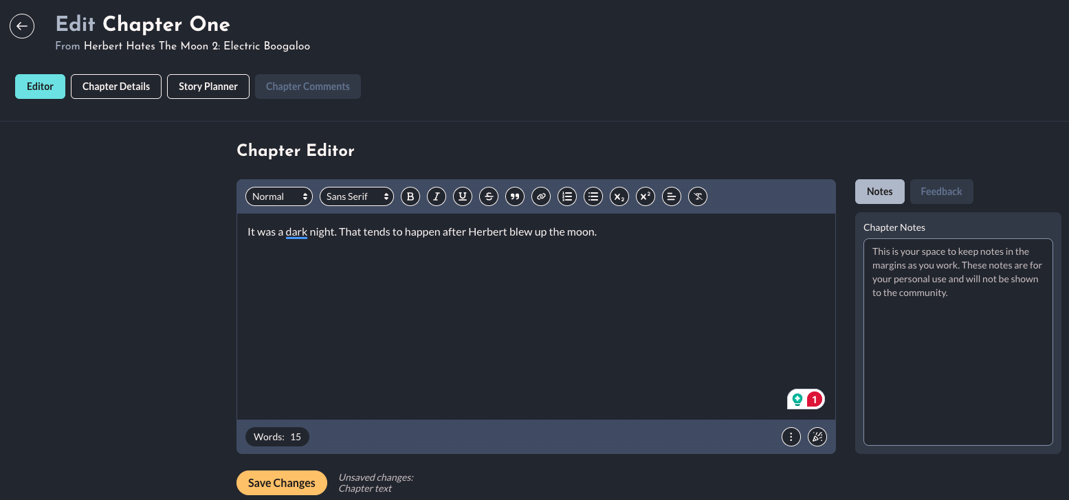 StoryForge write screen in dark mode