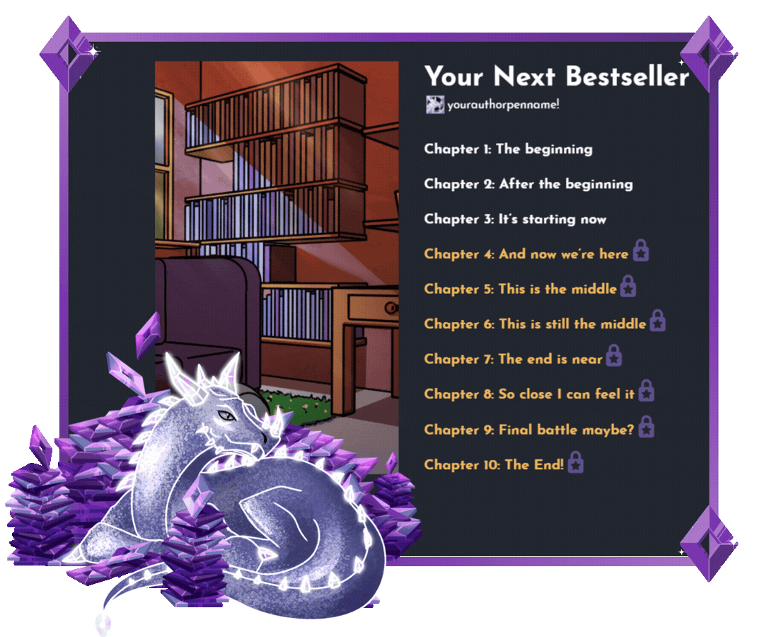 Image with the example of a paid story, with credits border and the illustration of the StoryForge Ultra dragon pet