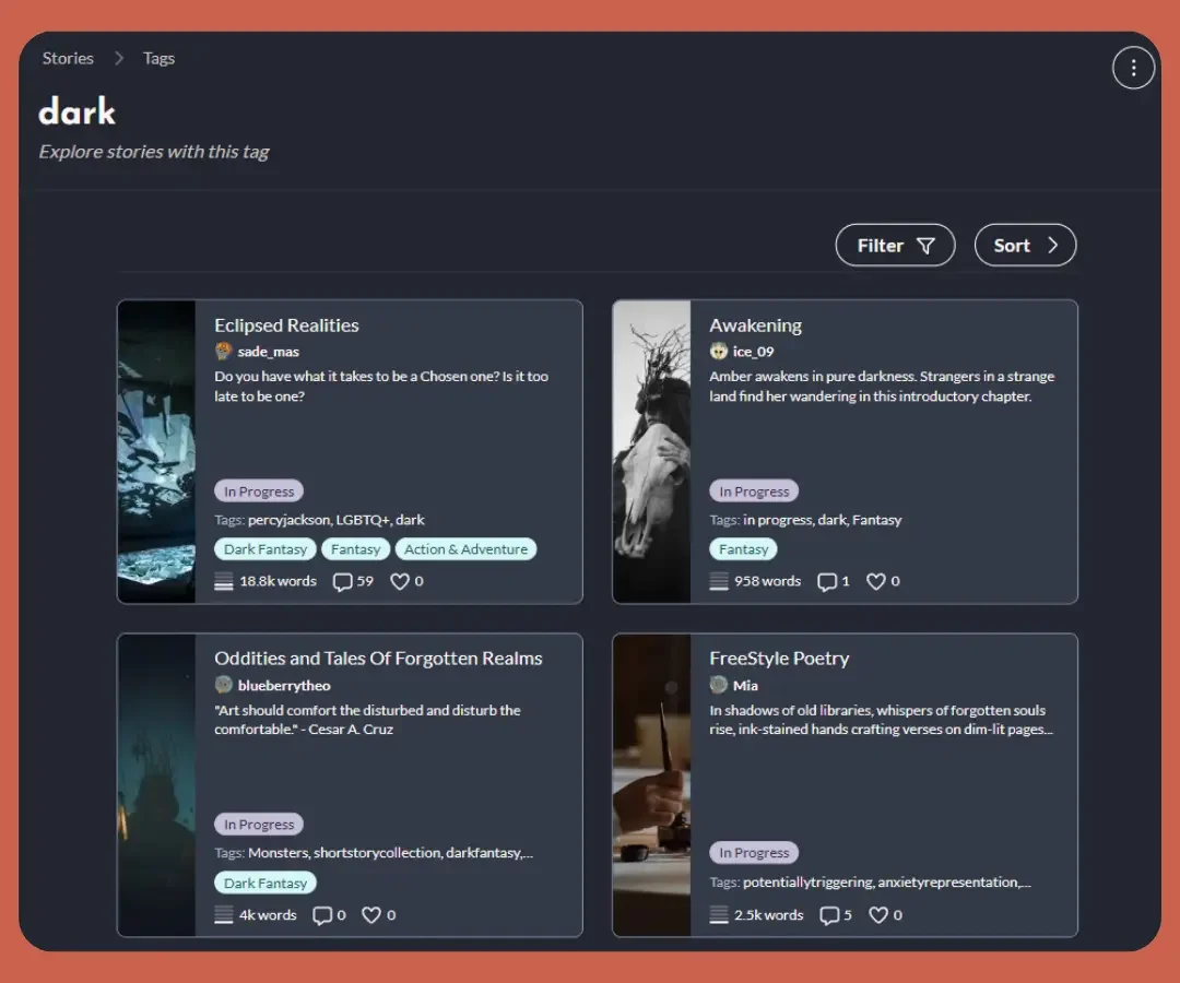 Screenshot of StoryForge stories with the dark tag