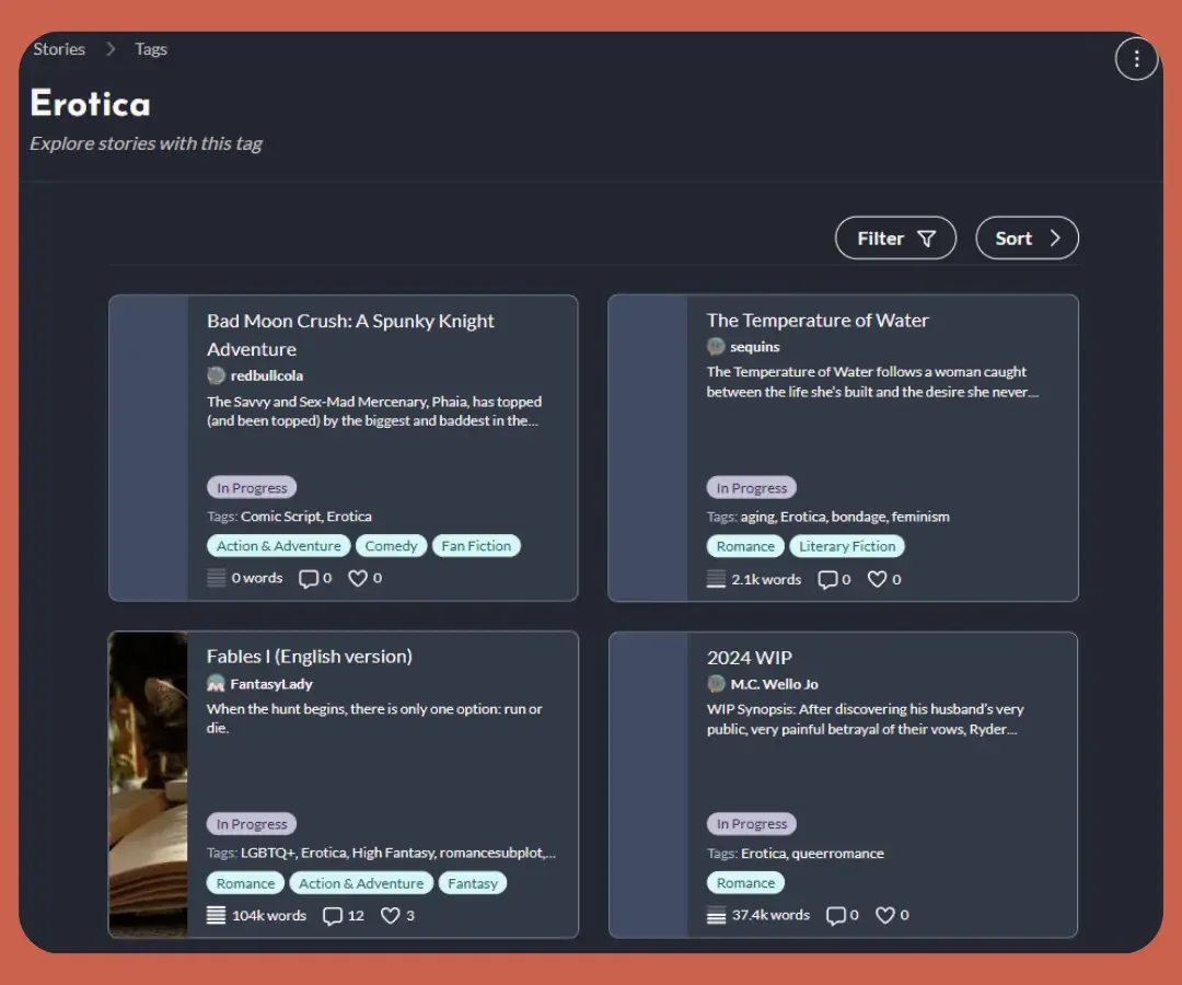 Screenshot of StoryForge stories with the Erotica tag