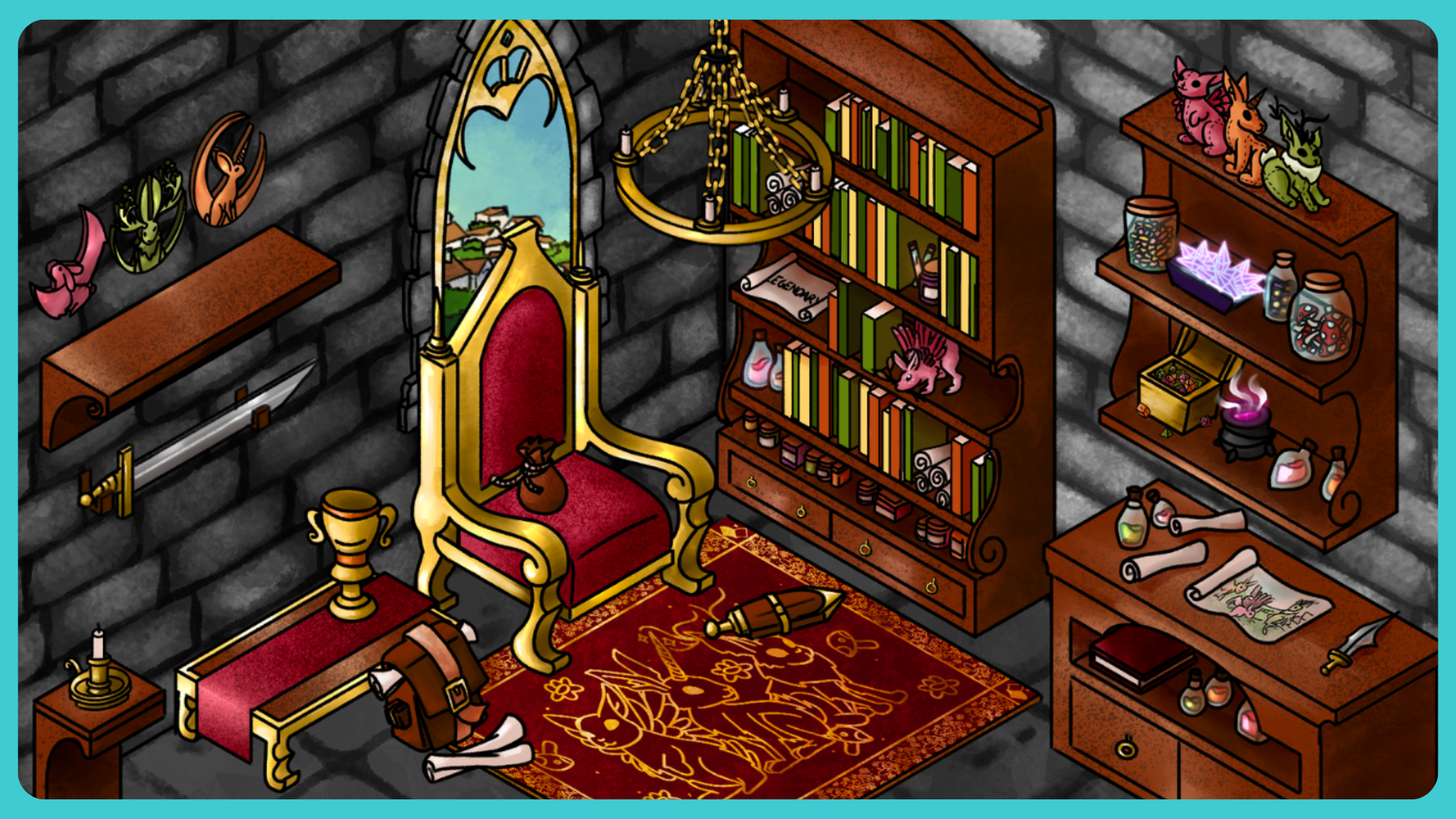 Screenshot of a StoryForge library decorated with Legendary rewards. It looks like a medieval castle including a throne, ttrpg dice, medals and prizes from completing legendary