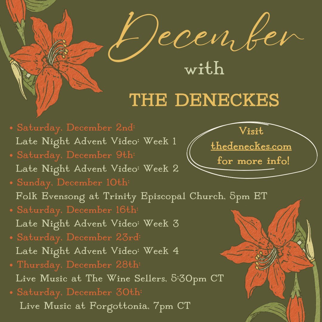 ✨December✨

We wanted to give you a little preview of what December 2023 looks like for The Deneckes! We have more going on than would fit in this graphic, but next week alllllllllllllllll of the details will be available on our website (check back t