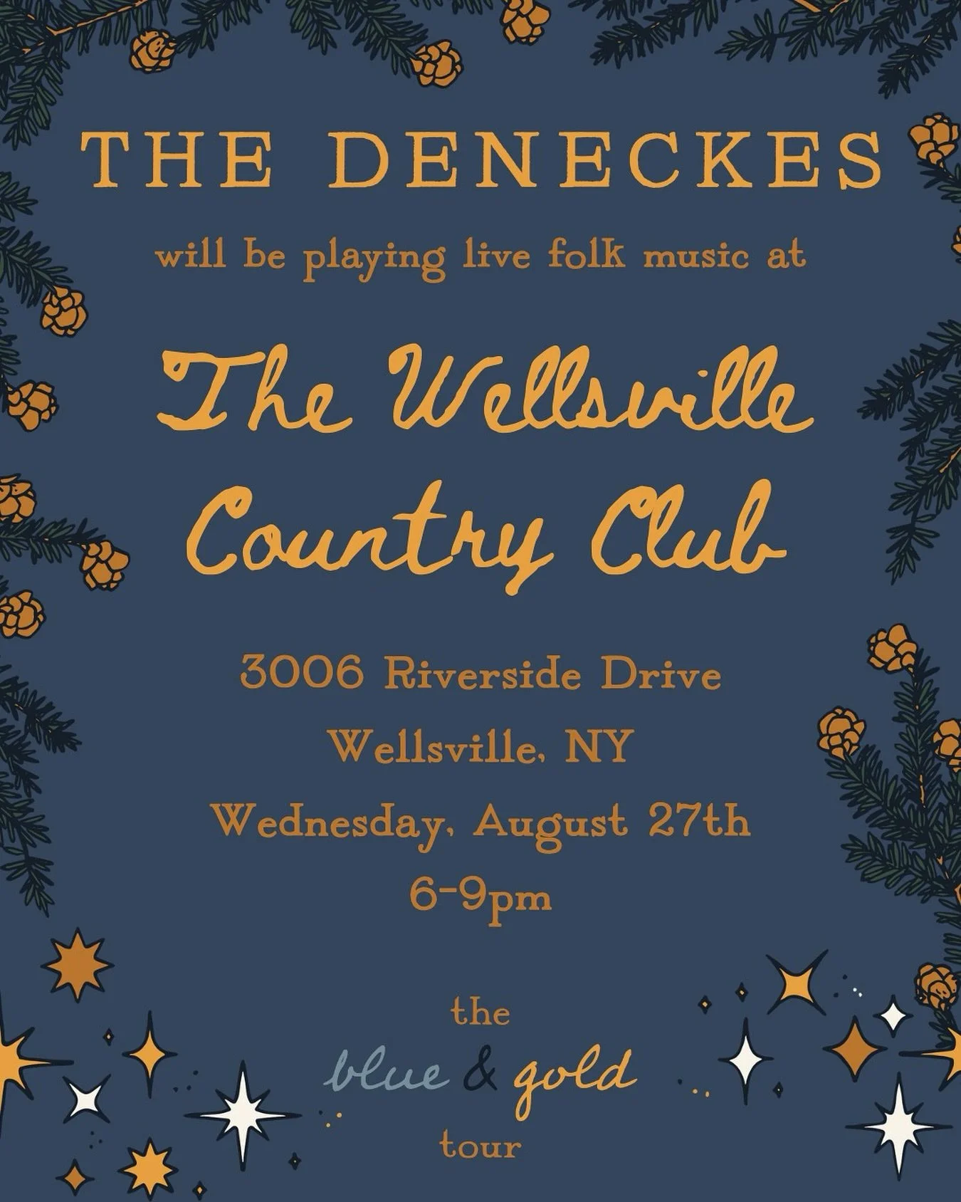 The home stretch!!! We&rsquo;re playing at the @wellsvillecountryclub on Wednesday, August 27th (one week from today!), 6-9pm 🌼

#ontour #blueandgold