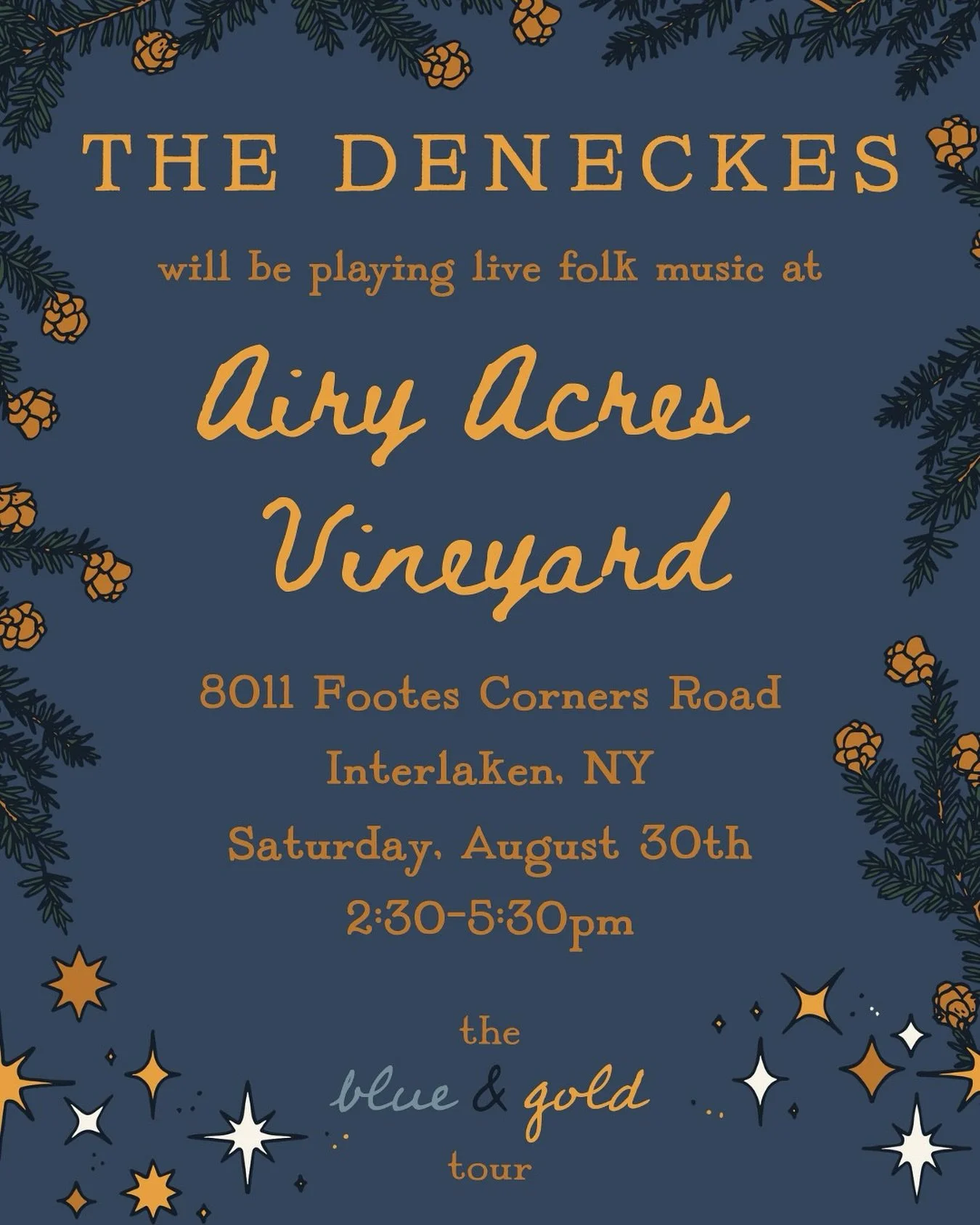 Playing live folk music at @airyacresvines next weekend! See you on Saturday, 8/30, 2:30-5:30pm 🍇

#ontour #blueandgold