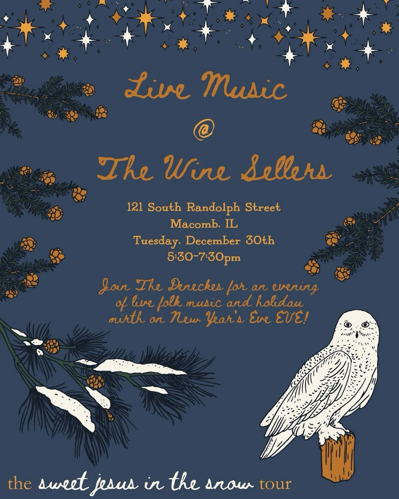 It&rsquo;s always a pleasure to play at The Wine Sellers! Macomb, we&rsquo;ll see you on New Year&rsquo;s Eve EVE ✨🥂

#ontour #sweetjesusinthesnow #newyearseve #nye #macomb #macombillinois
