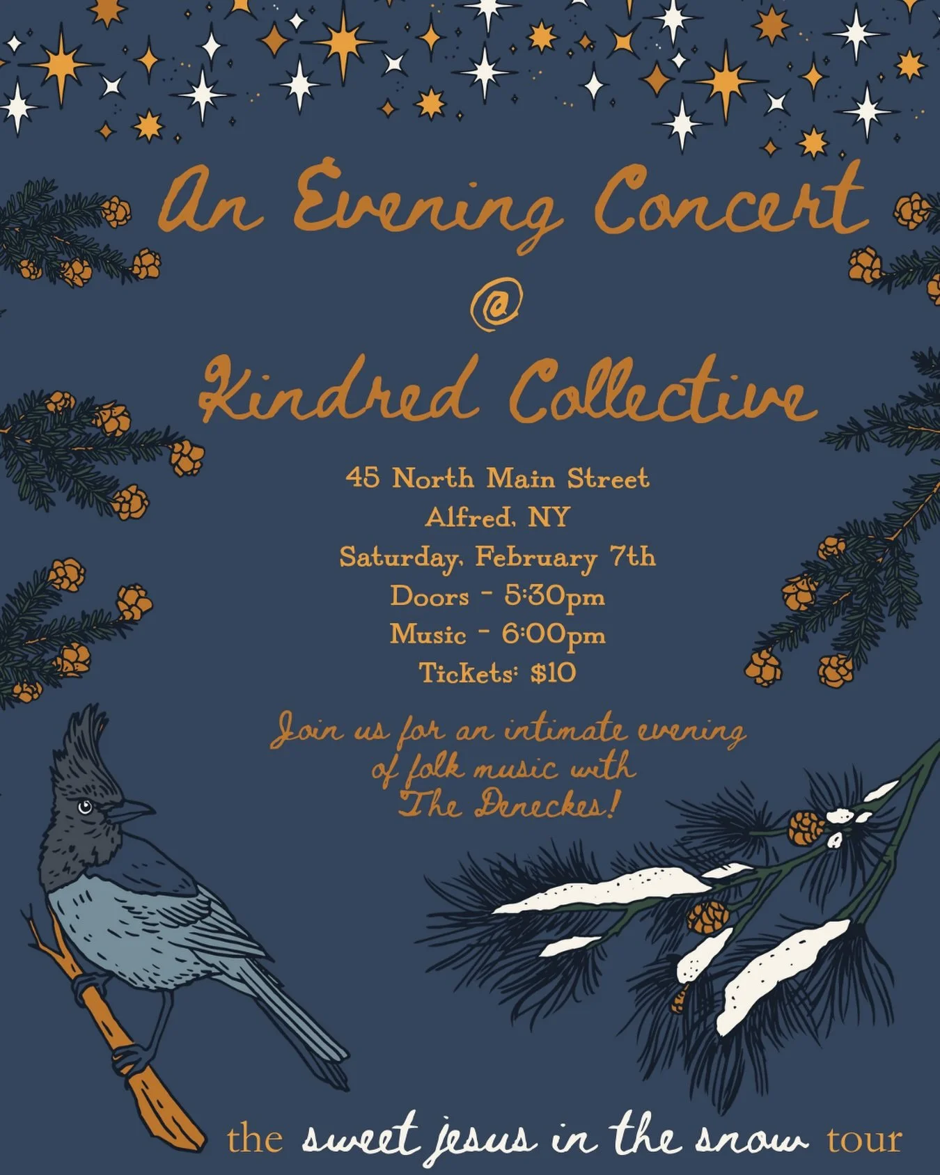 An AU student kindly reminded me today that this event is COMING UP right here in Alfred, NY! So excited to share an intimate concert with our friends at @kindredcollectivealfred ❄️ Admission is $10 and includes a drink. Tickets can be purchased at t