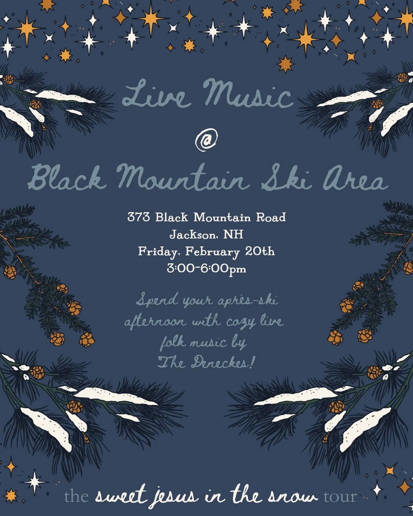 Remember our song &ldquo;wintergreen&rdquo; from lady of the gardens? The first line is about night skiing ❄️ nothing like it! Come hit the slopes and unwind with live folk music at @blackmtnnh on Friday, 2/20 from 3-6pm ⛷️

#ontour #blackmountain #s
