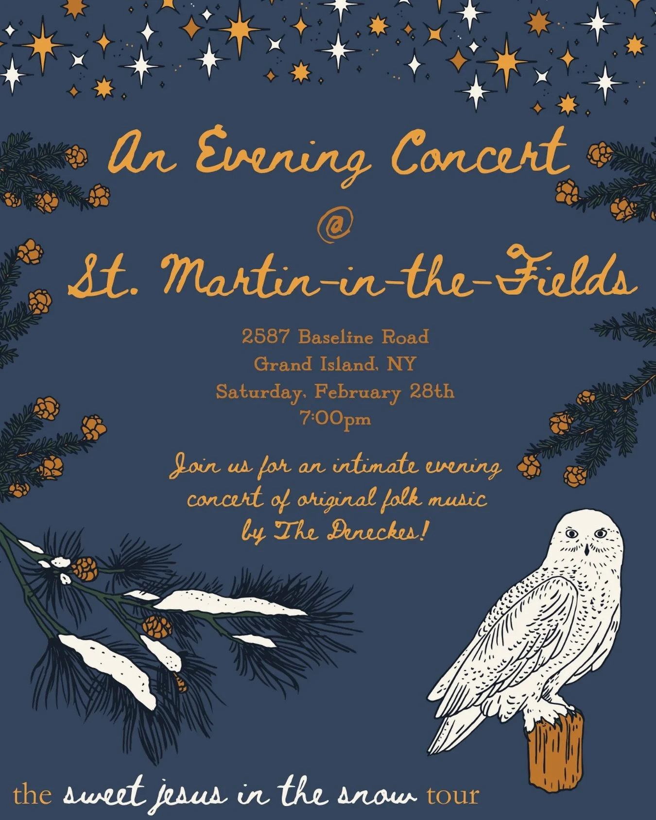 We are really looking forward to spending the evening with the good people of @stmartinsgi over on Grand Island at the end of this month. Join us for an intimate Saturday evening concert, reception to follow ✨❄️

#ontour #sweetjesusinthesnow #grandis