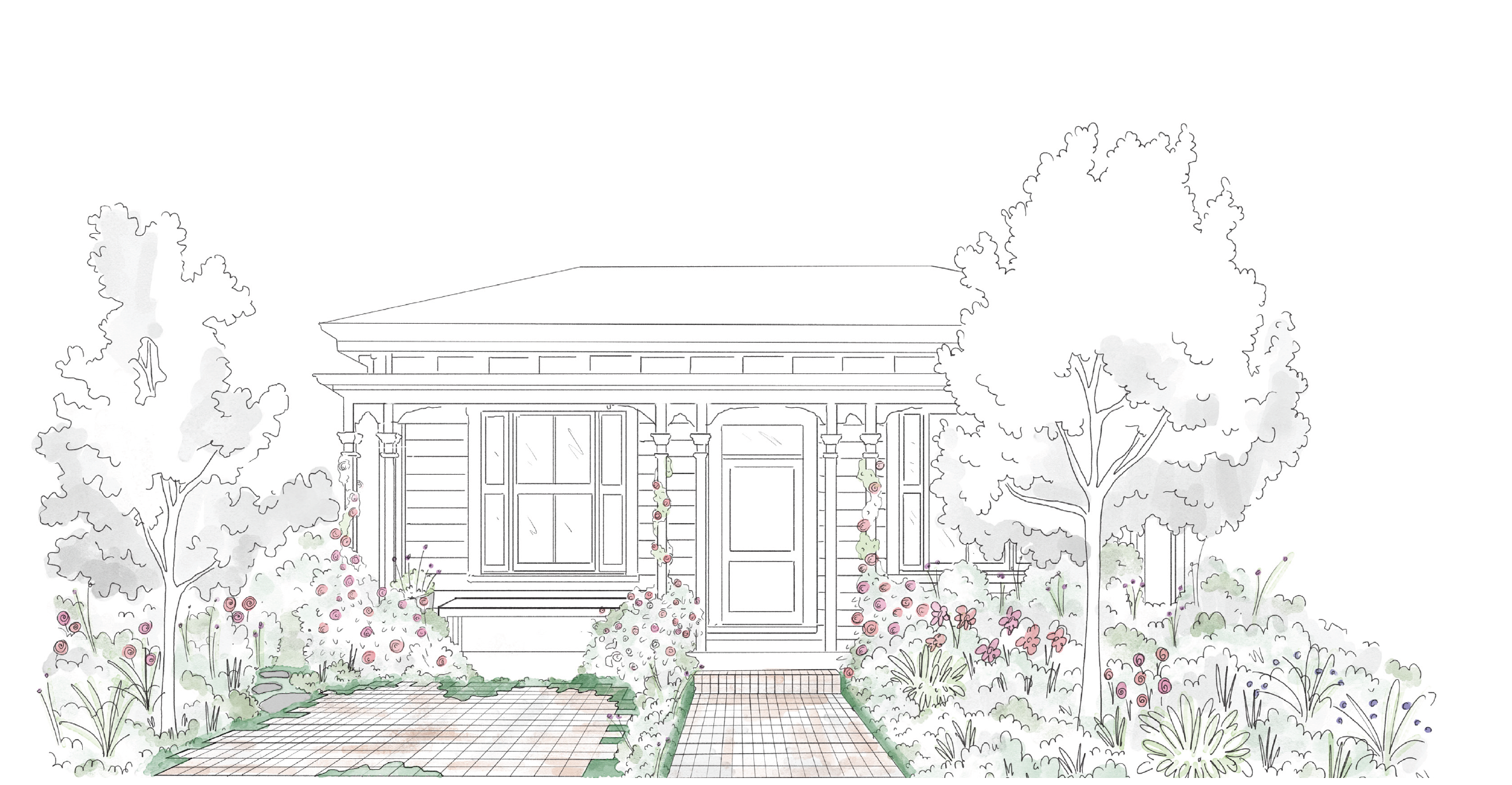 Line drawing of a house with a front porch, surrounded by trees and flower bushes, sidewalk leading to the front door.