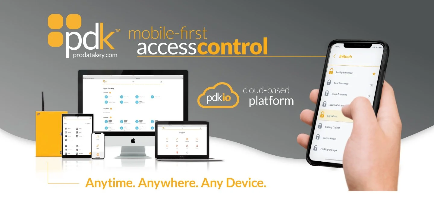 "PDK advertisement featuring mobile-first access control platform, with various devices like smartphone, tablet, laptop, and computer screen displaying the interface. Incorporates cloud-based platform concept, slogan 'Anytime. Anywhere. Any Device.'"